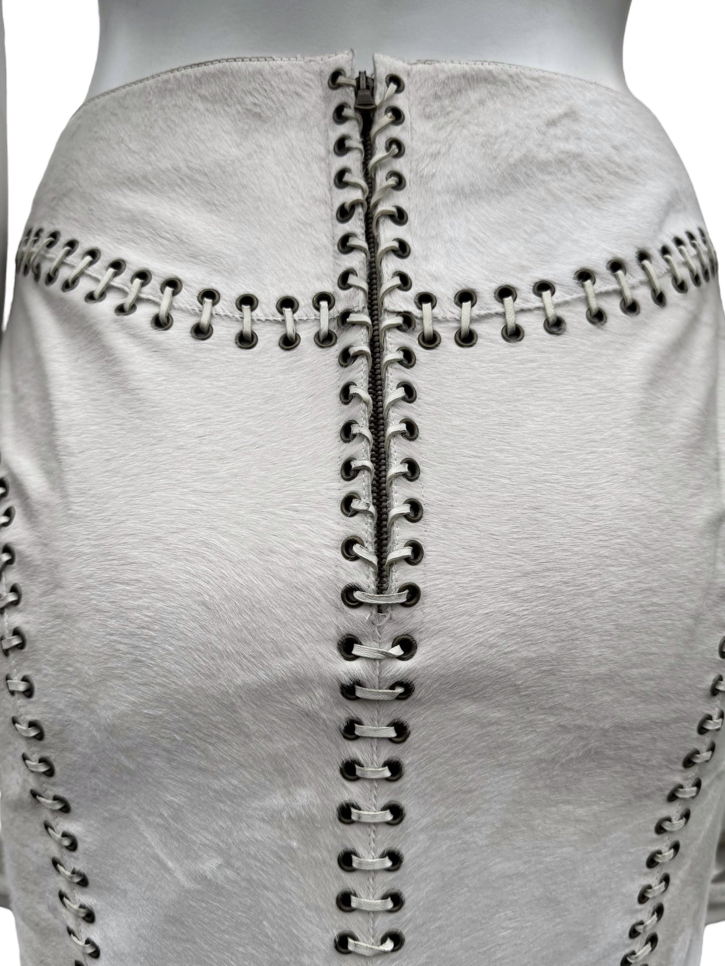 ALEXANDER MCQUEEN PRE-FALL 2010 WHITE PONY HAIR LACE-UP MIDI SKIRT
