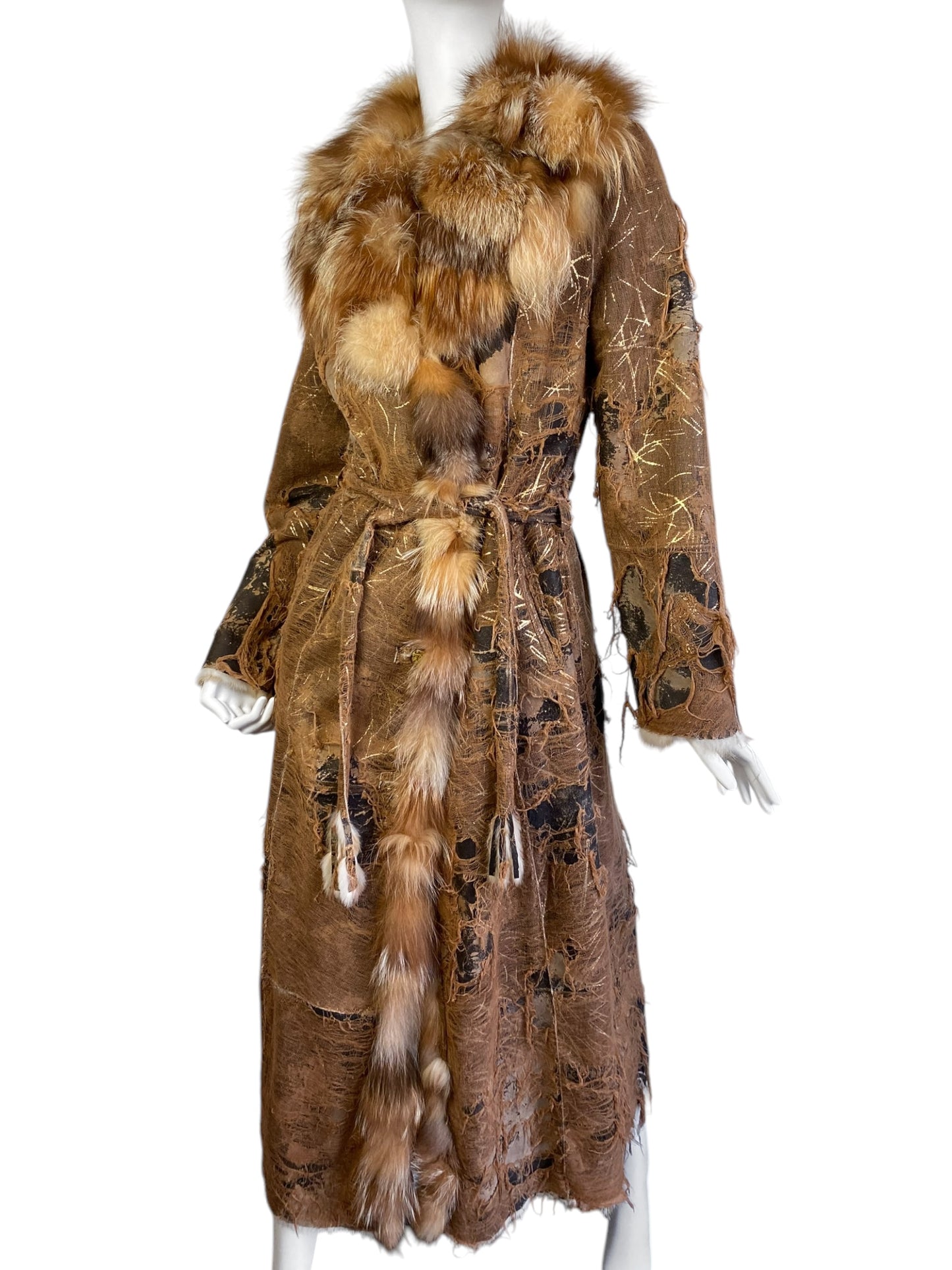 AMORETTI 2000s BROWN FOX FUR & GOLD LEAVES DISTRESSED COAT