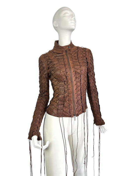 PLEIN SUD FW2002 BROWN LEATHER LACE-UP CAGE JACKET