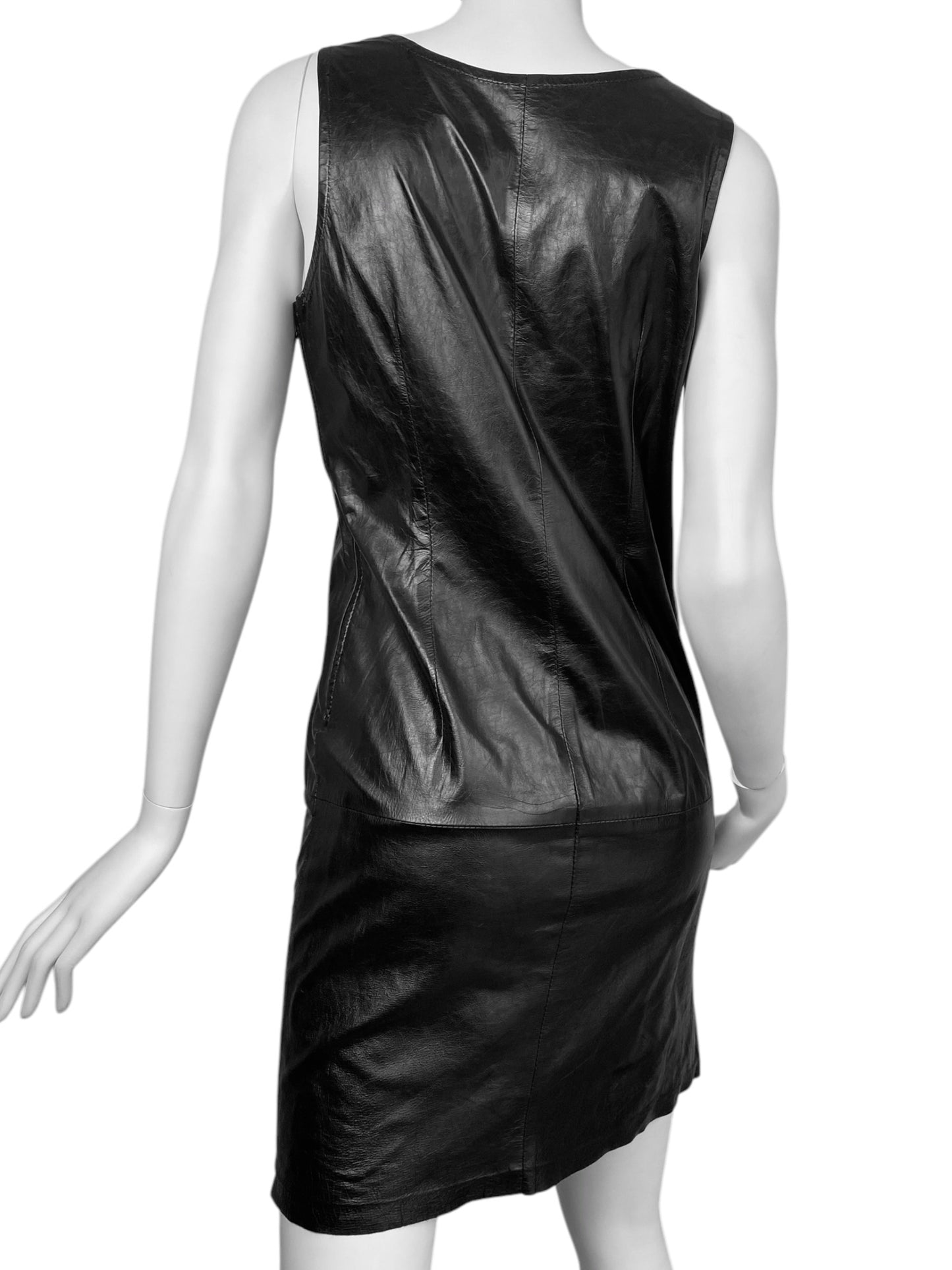 ANN DEMEULEMEESTER SS2002 BLACK LEATHER STRAIGHT CUT DRESS