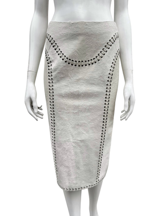 ALEXANDER MCQUEEN PRE-FALL 2010 WHITE PONY HAIR LACE-UP MIDI SKIRT