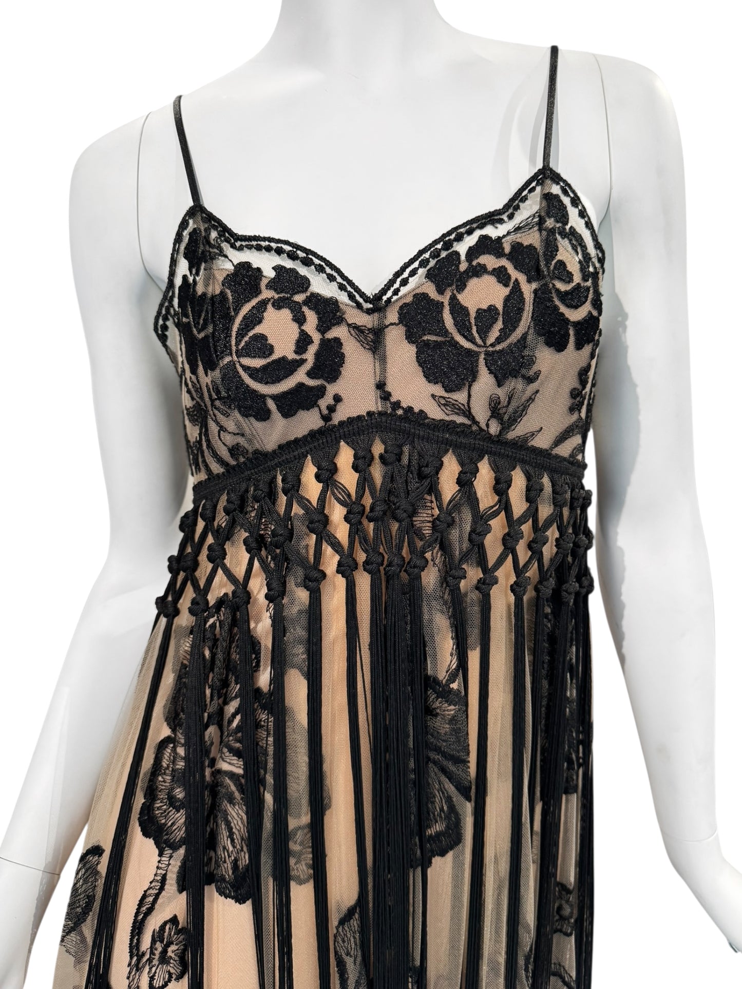 FAYÇAL AMOR 2019 BEIGE & BLACK FLORAL FRINGES MAXI DRESS