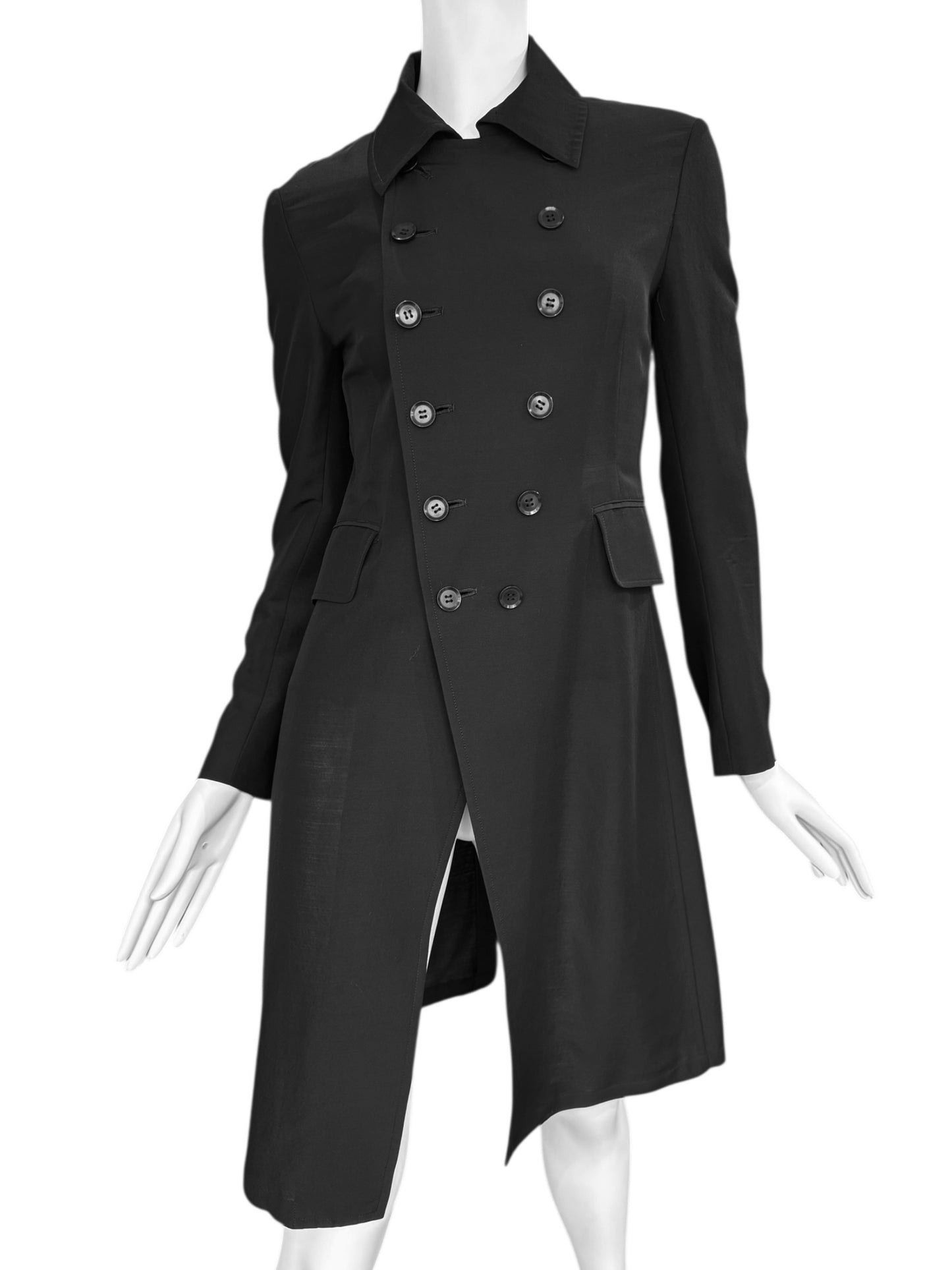 Y’S YOHJI YAMAMOTO SS2010 BLACK WOOL & SILK DOUBLE BREASTED LIGHTWEIGHT COAT