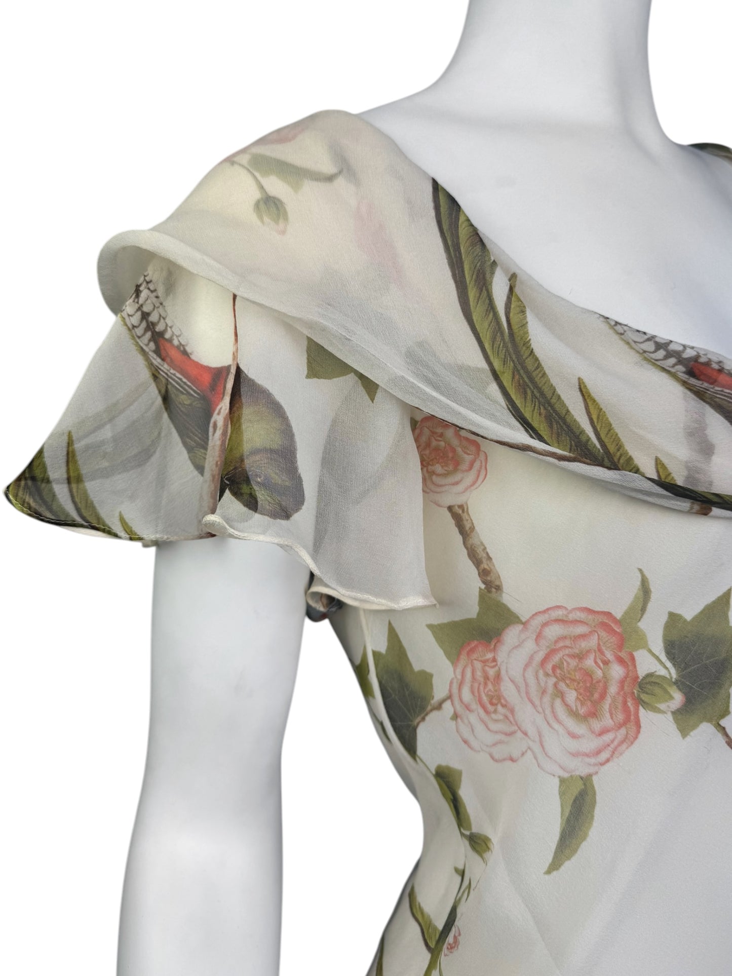 ALEXANDER MCQUEEN SS2007 «SARABANDE» BEIGE SILK BIRDS PRINT ASYMMETRICAL TANK TOP