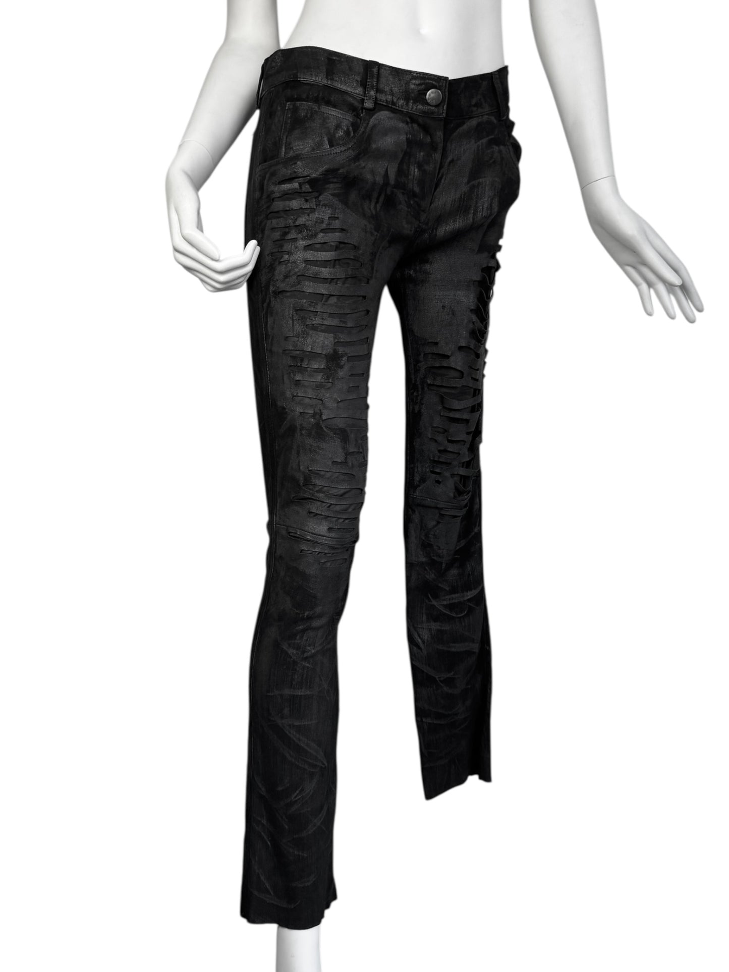 JITROIS 2010s BLACK LEATHER DISTRESS PAINTED SKINNY PANTS
