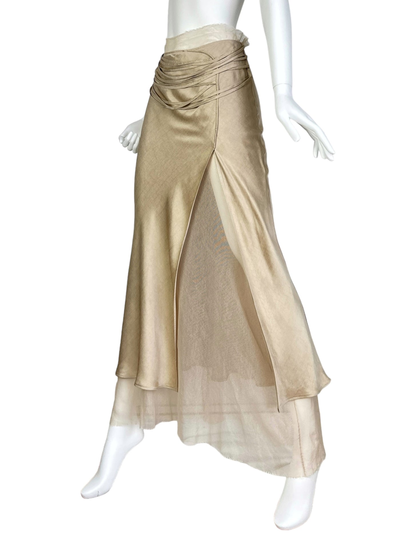 FAYÇAL AMOR 2000s BEIGE SATIN TULLE LACED MAXI SKIRT