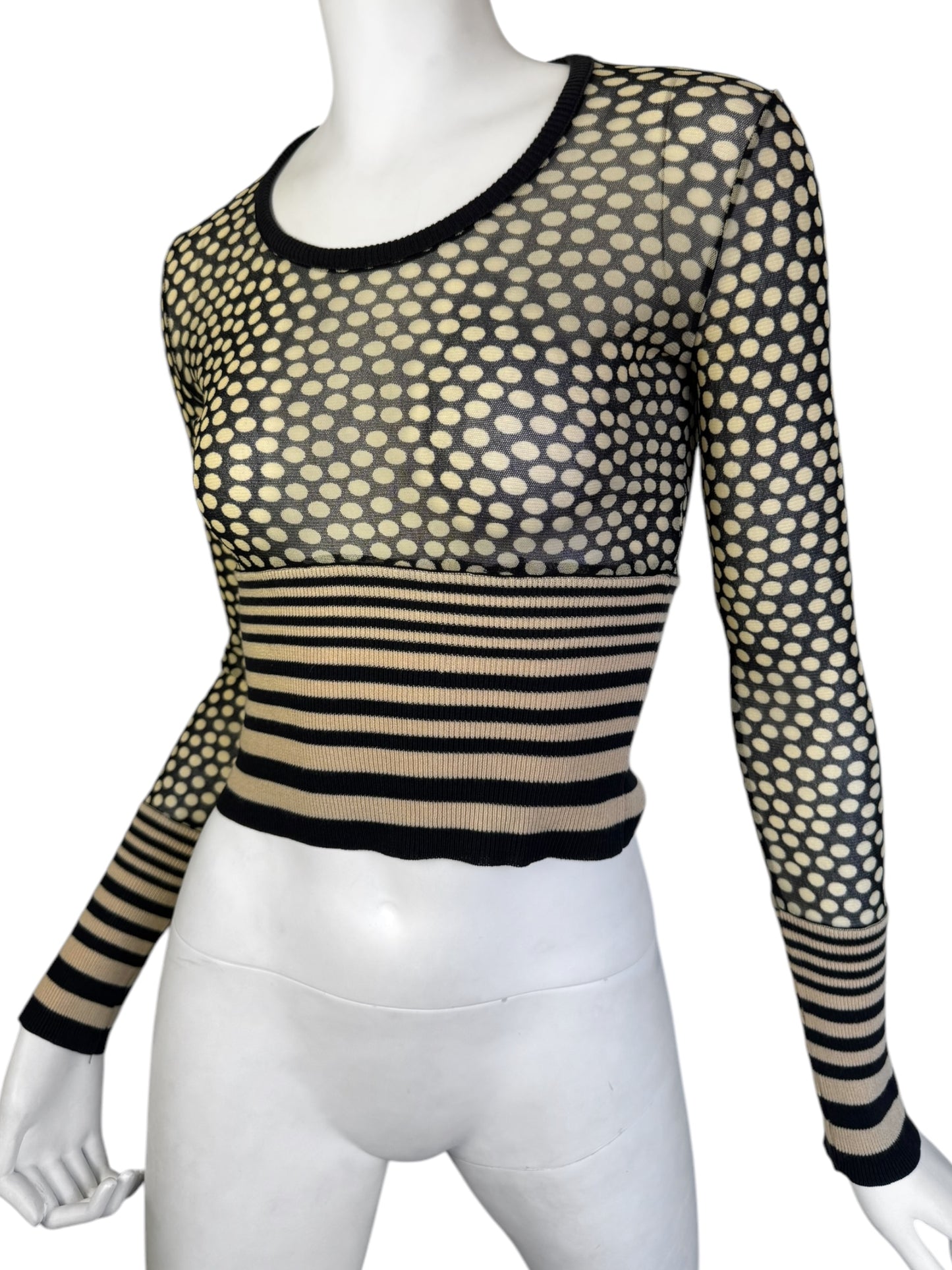 JEAN PAUL GAULTIER 2000s BEIGE & BLACK MESH POLKA DOT TOP