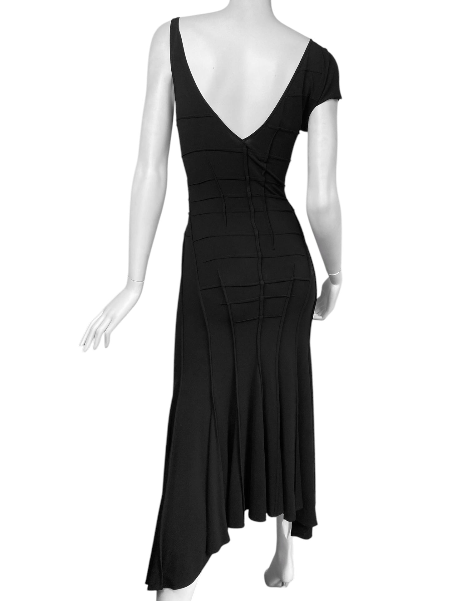 FAYÇAL AMOR SS2004 BLACK ASYMMETRICAL NECKLINE DARTED DRESS