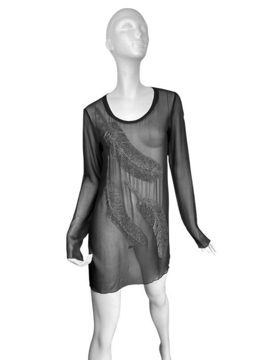 PEACHOO + KREJBERG 2010s BLACK SILK BEADED FEATHERS MINI DRESS