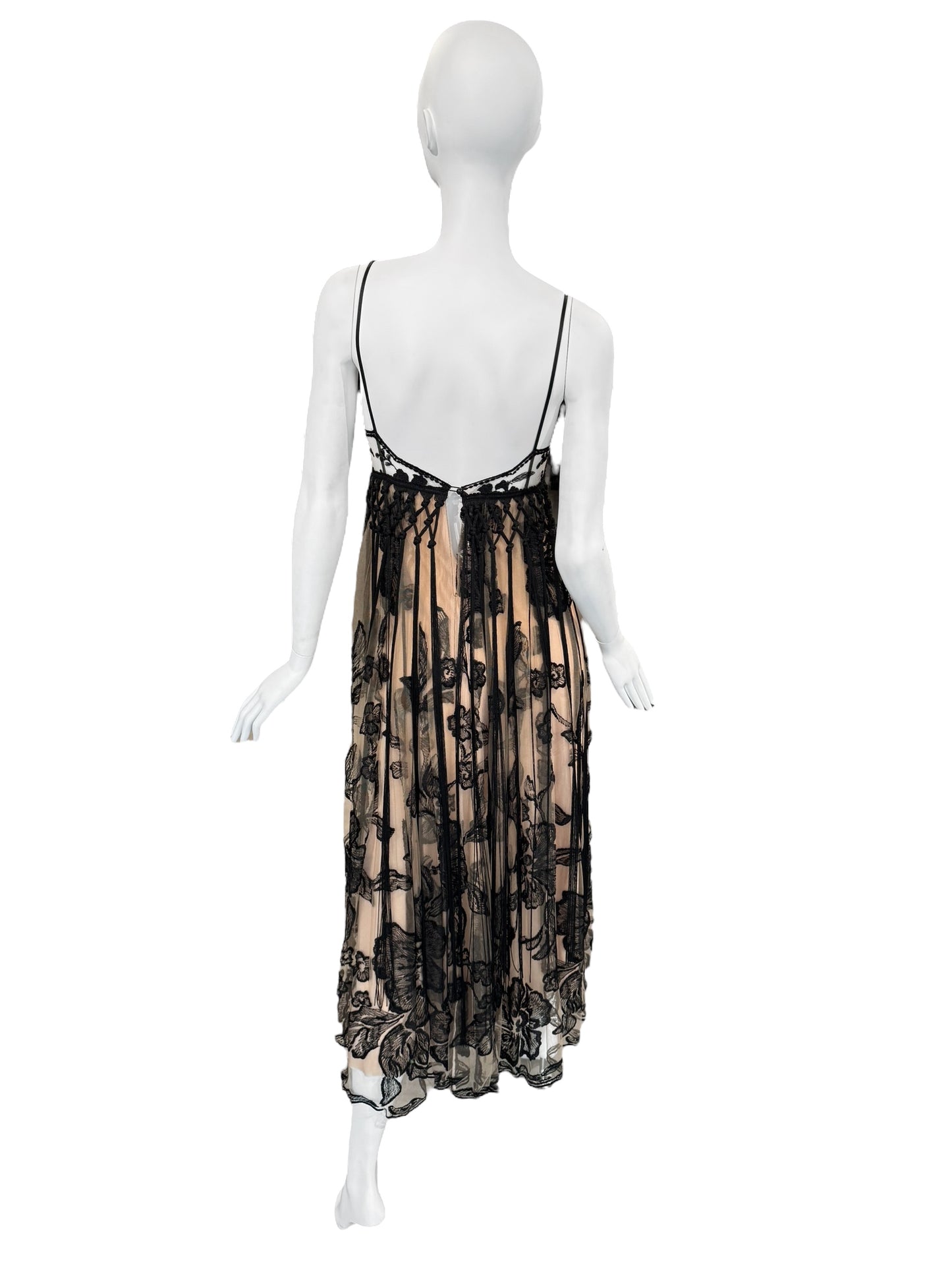 FAYÇAL AMOR 2019 BEIGE & BLACK FLORAL FRINGES MAXI DRESS