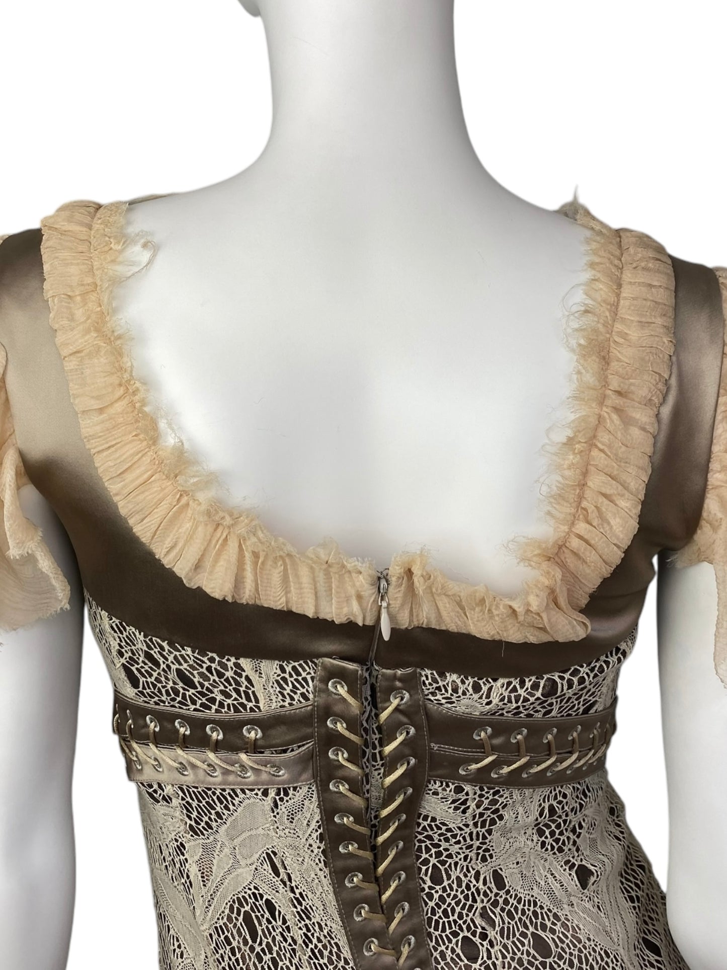 ALEXANDER MCQUEEN FW2002 «SUPERCALIFRAGILISTIC» BEIGE LACE & SILK BONDAGE CORSET MIDI DRESS