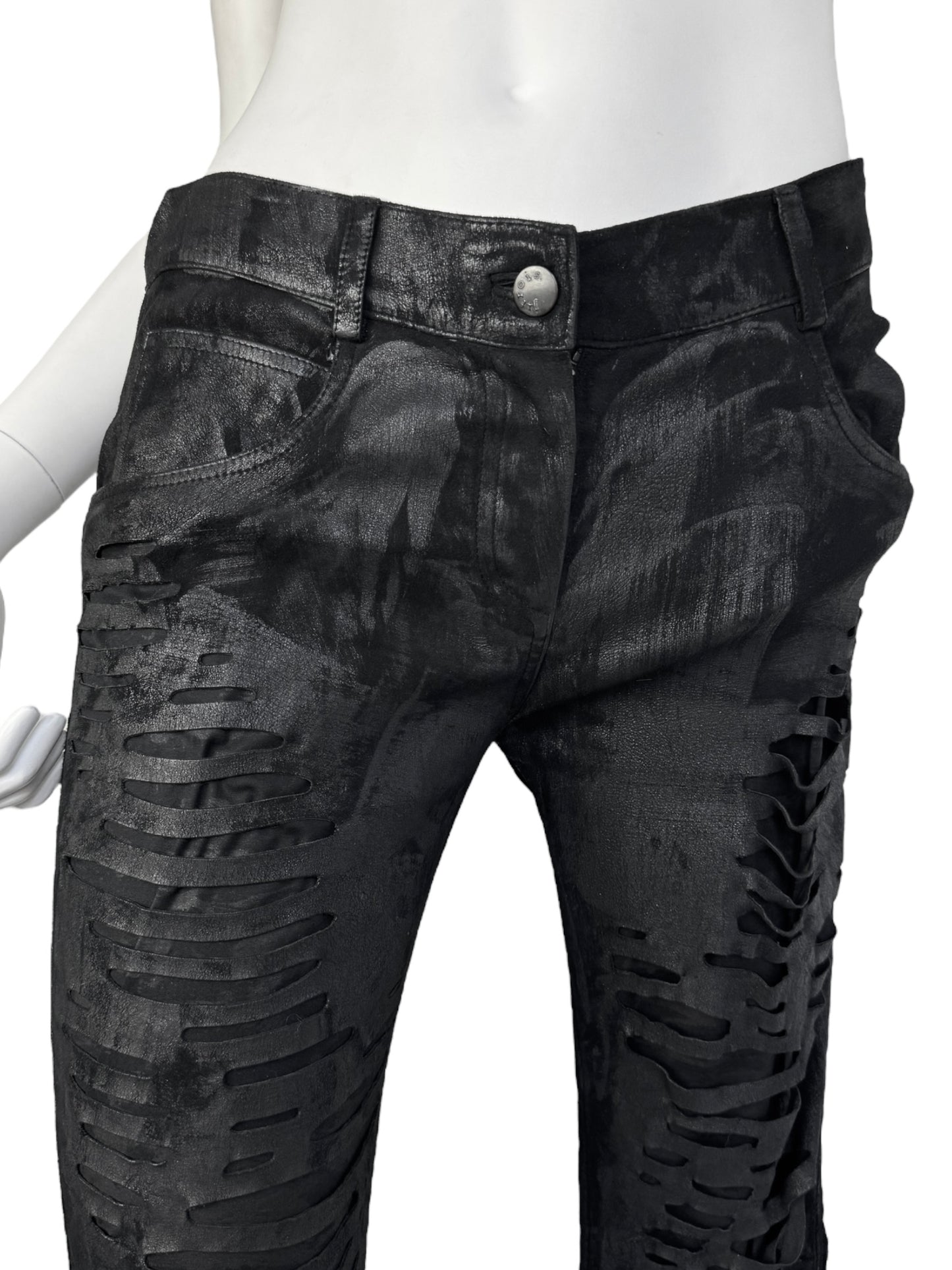 JITROIS 2010s BLACK LEATHER DISTRESS PAINTED SKINNY PANTS
