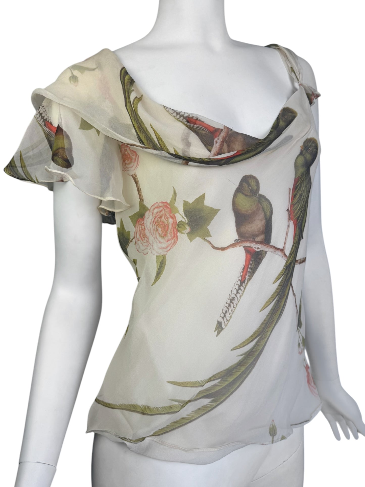 ALEXANDER MCQUEEN SS2007 «SARABANDE» BEIGE SILK BIRDS PRINT ASYMMETRICAL TANK TOP