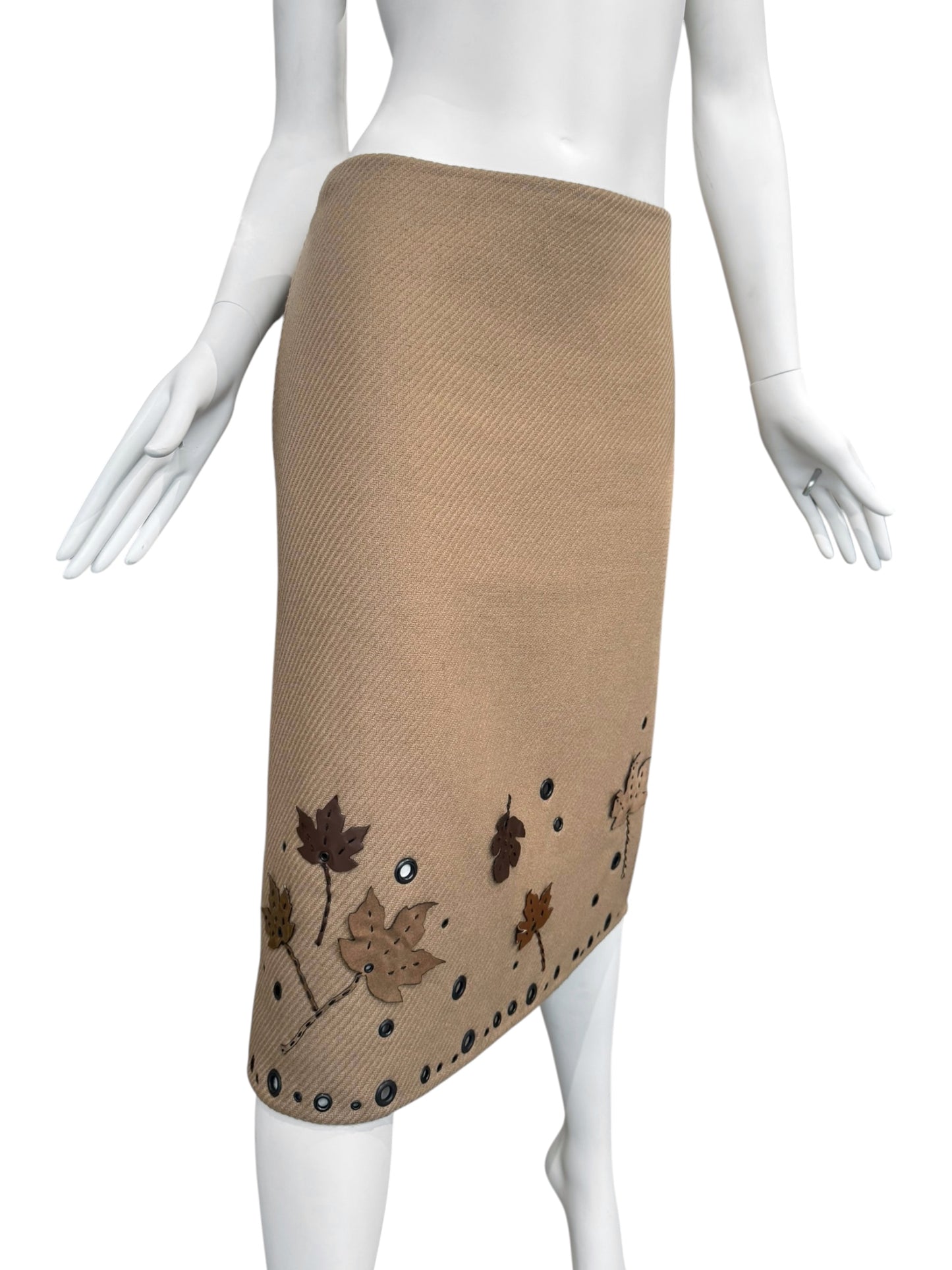 PRADA FW1999 BEIGE WOOL LEAF APPLIQUÉ MIDI SKIRT