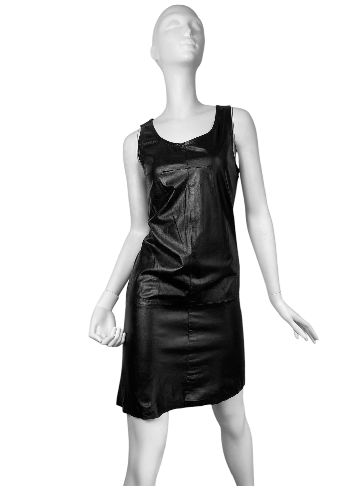 ANN DEMEULEMEESTER SS2002 BLACK LEATHER STRAIGHT CUT DRESS