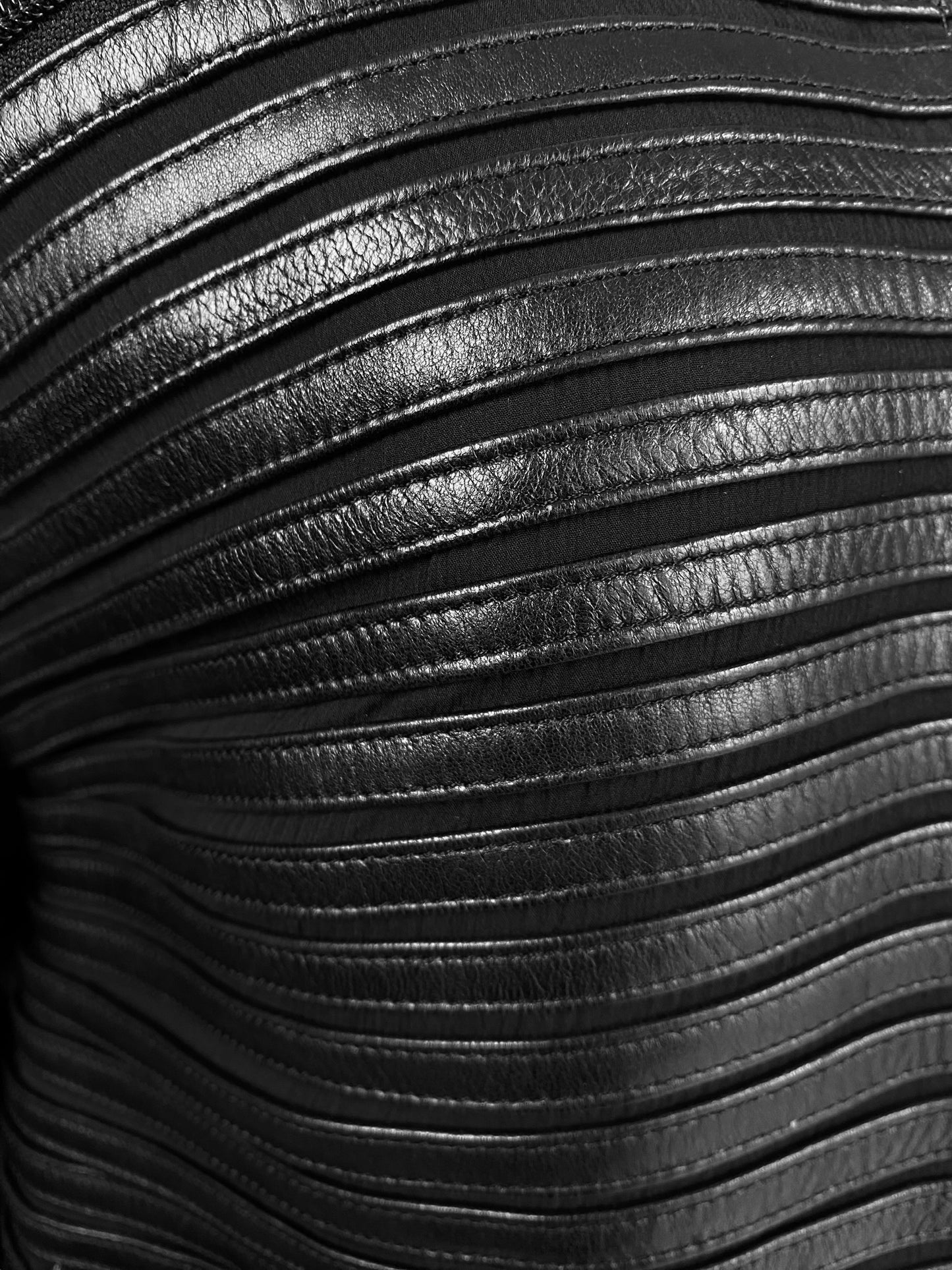 JITROIS 1999 BLACK LEATHER & SILK HORIZONTAL STRAPS ZIP JACKET