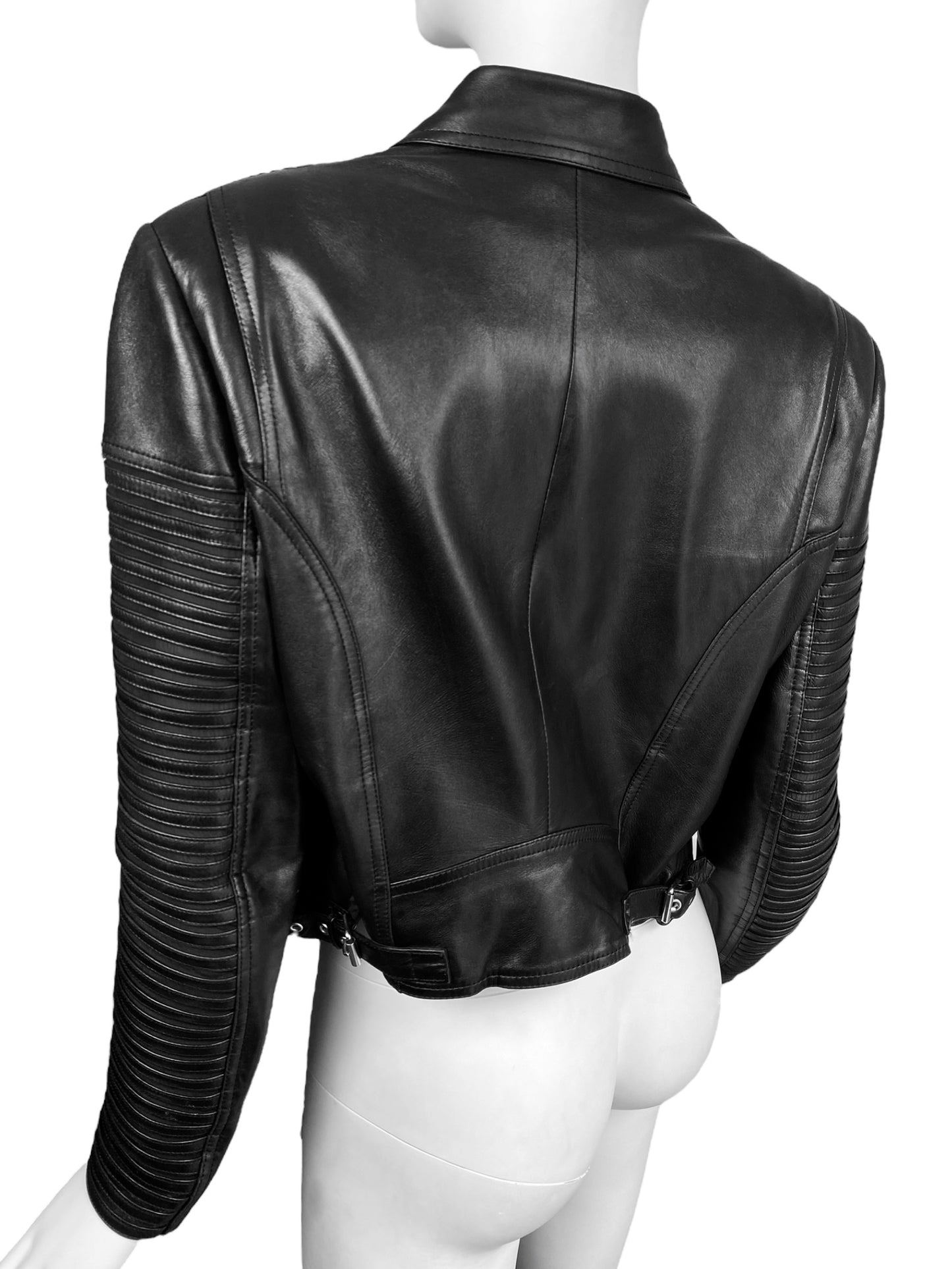 JITROIS 1999 BLACK LEATHER & SILK HORIZONTAL STRAPS ZIP JACKET