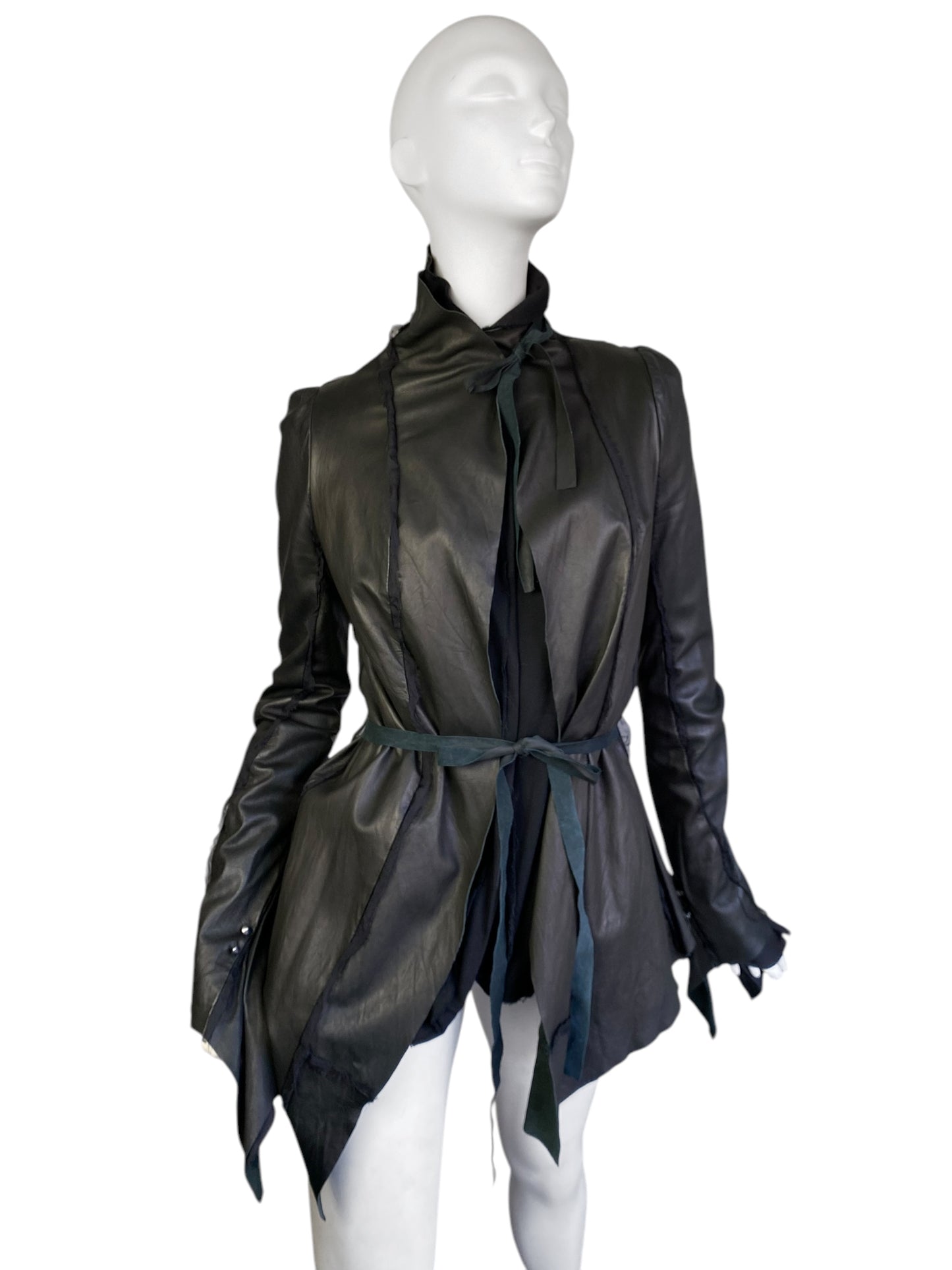 SHARON WAUCHOB FW2006 GREY LEATHER SILK TRIM ARTISANAL JACKET