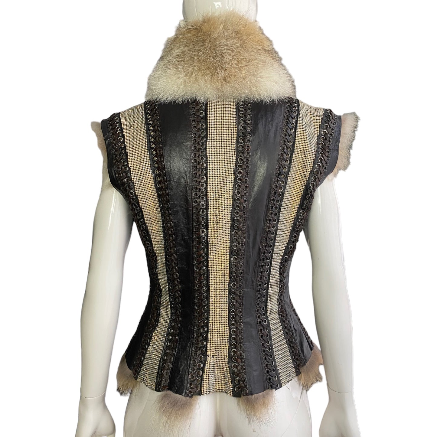 JEAN-PAUL GAULTIER FW2008 FOX FUR, LEATHER & RHINESTONES SLEEVELESS JACKET