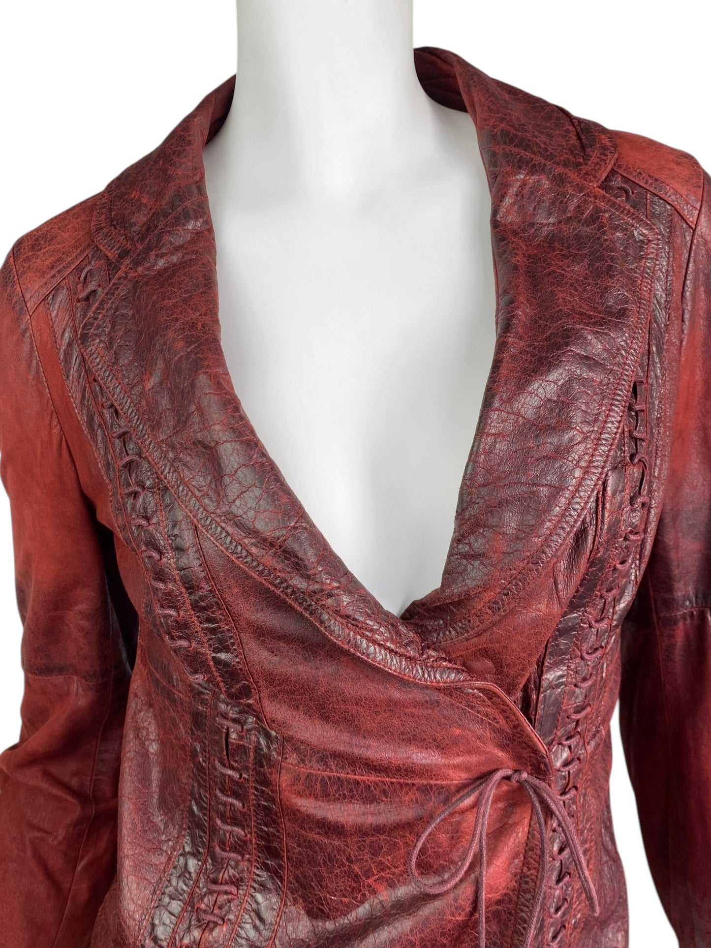 PLEIN SUD FW2002 RED DISTRESSED LEATHER LACE-UP JACKET
