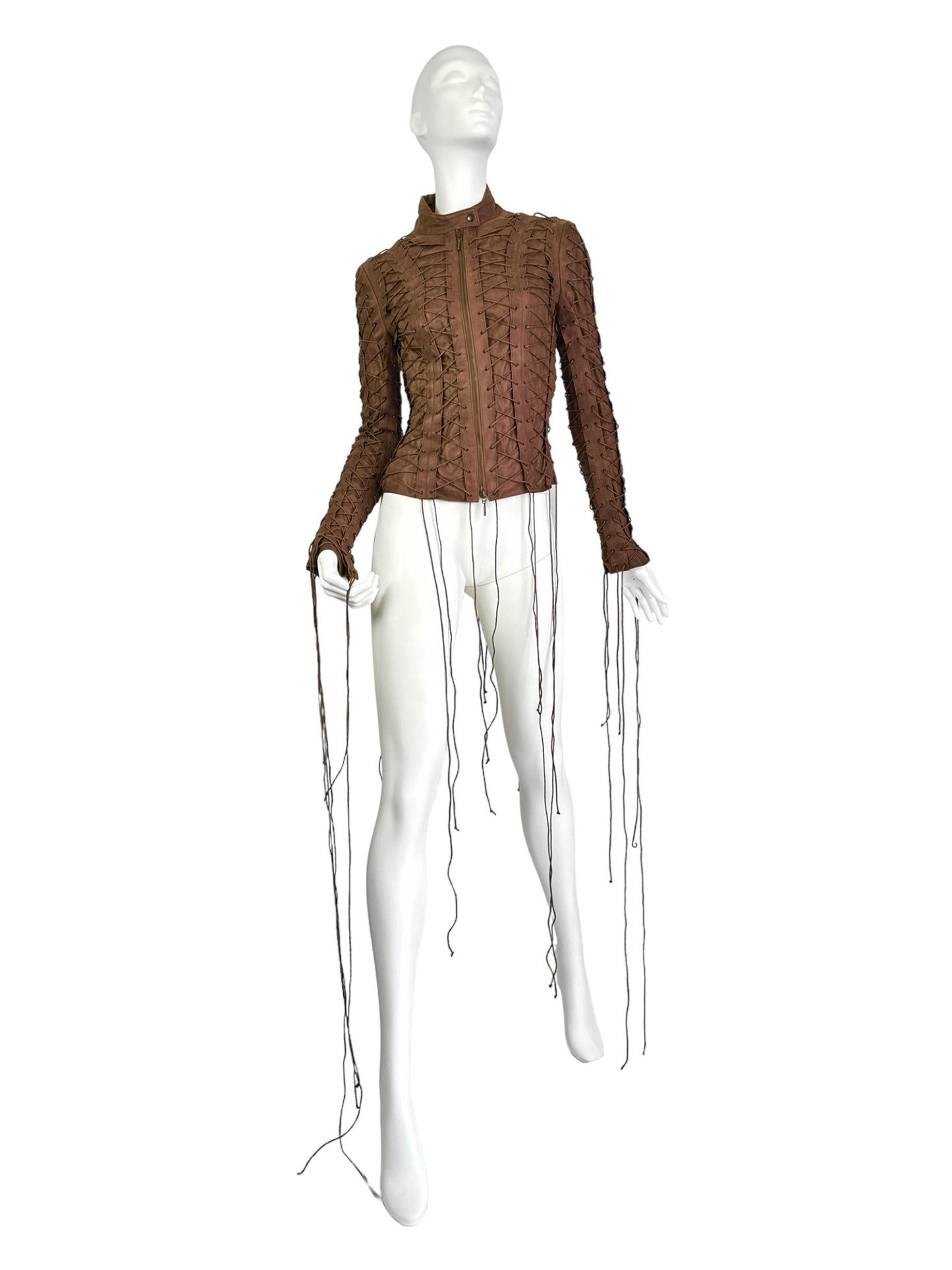 PLEIN SUD FW2002 BROWN LEATHER LACE-UP CAGE JACKET