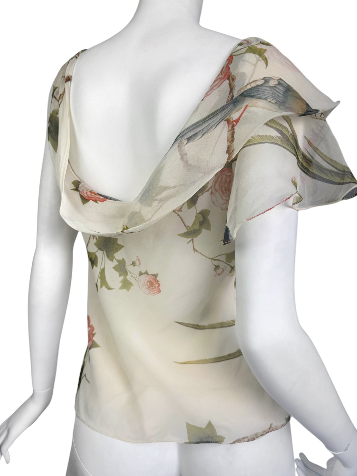 ALEXANDER MCQUEEN SS2007 «SARABANDE» BEIGE SILK BIRDS PRINT ASYMMETRICAL TANK TOP