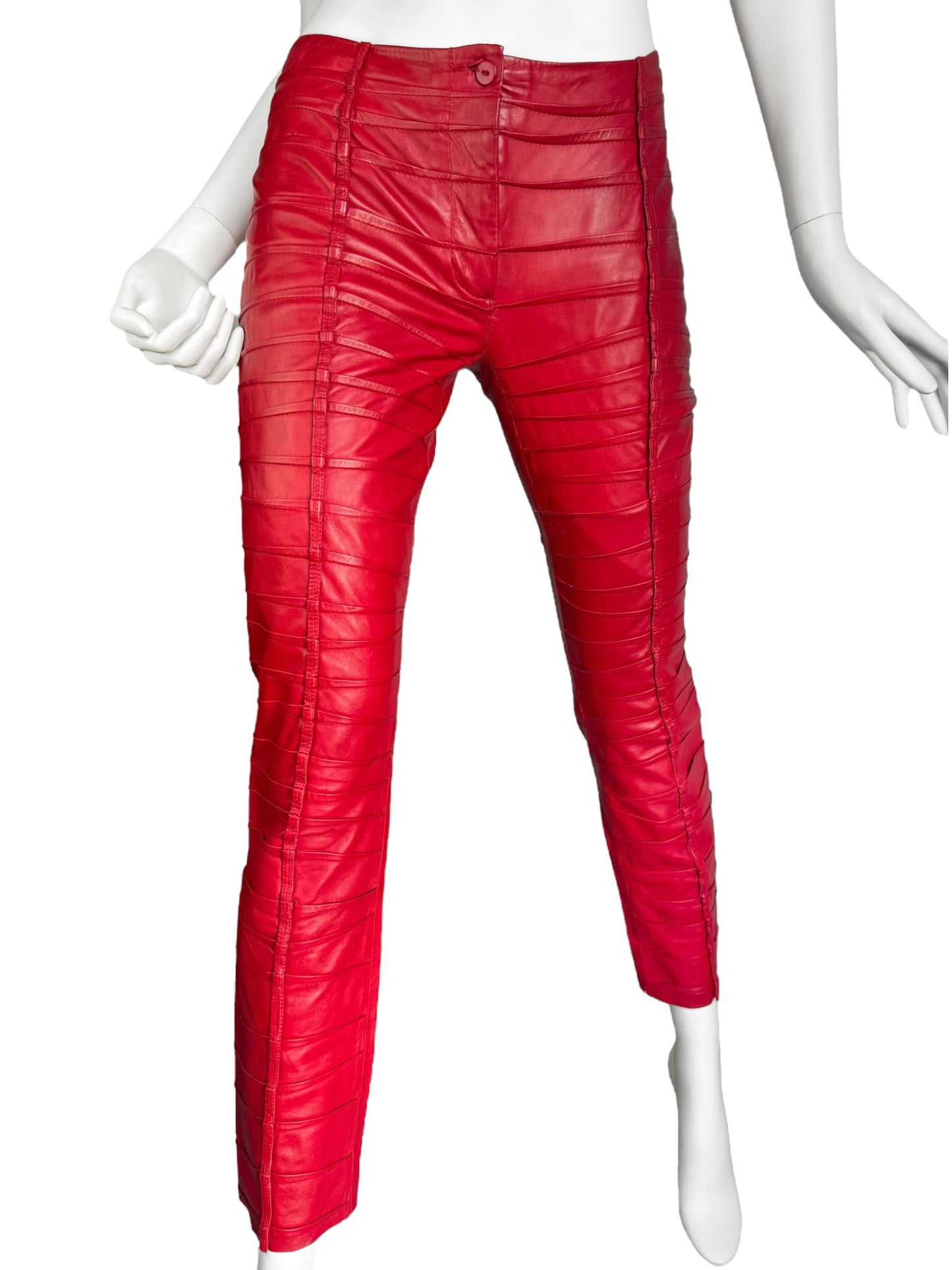 FAYÇAL AMOR SS2004 RED LAMB LEATHER DARTED 2P. SET (JACKET + PANTS)