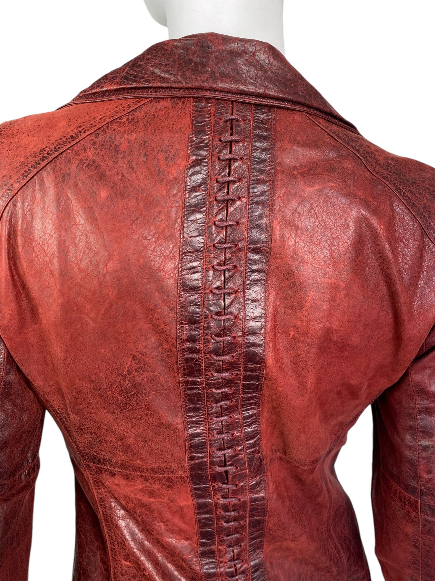 PLEIN SUD FW2002 RED DISTRESSED LEATHER LACE-UP JACKET