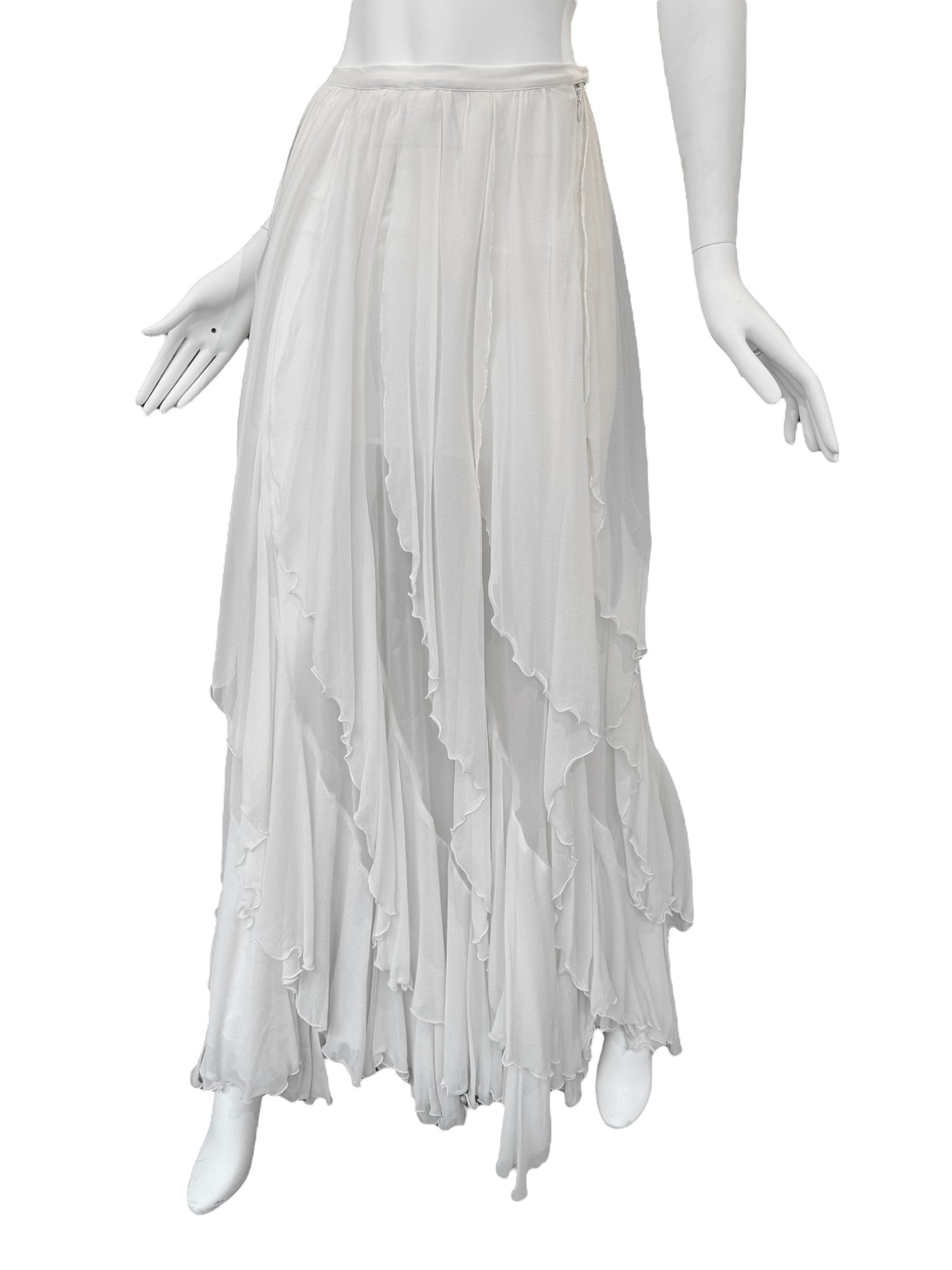 FAYÇAL AMOR 2010s WHITE SILK CASCADING RUFFLES MAXI SKIRT