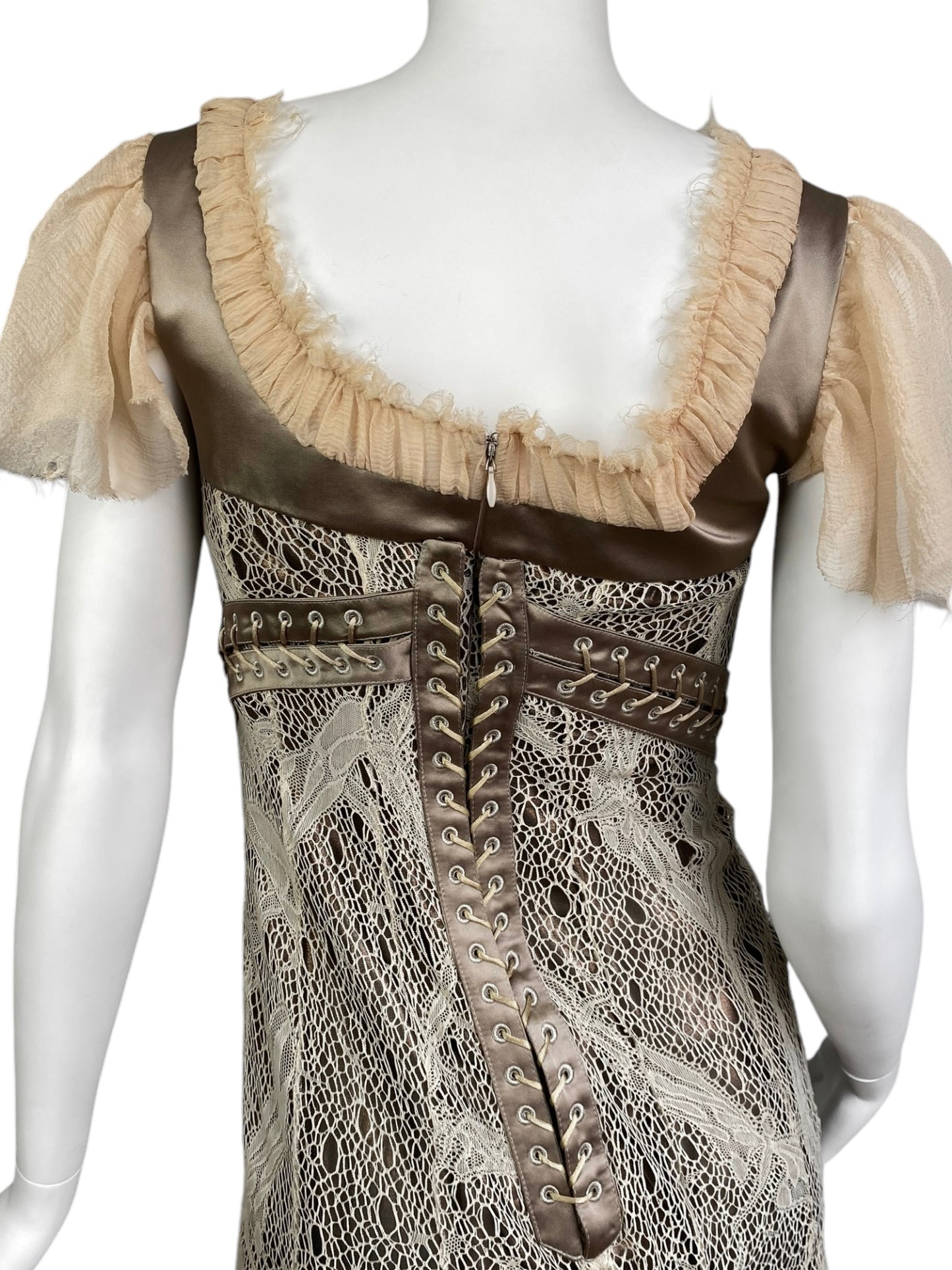 ALEXANDER MCQUEEN FW2002 «SUPERCALIFRAGILISTIC» BEIGE LACE & SILK BONDAGE CORSET MIDI DRESS