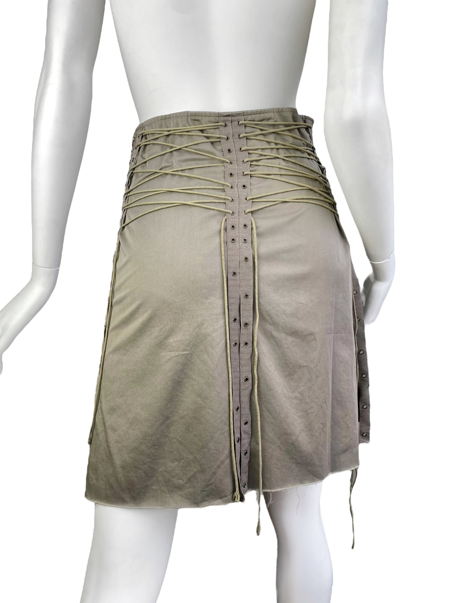 PLEIN SUD SS2003 KHAKI LACE-UP BONDAGE MIDI SKIRT
