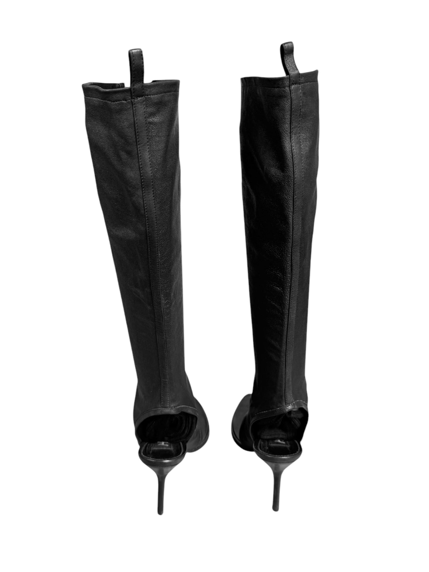 FAYÇAL AMOR SS2004 BLACK LEATHER KNEE-HIGH THONG SANDAL BOOTS