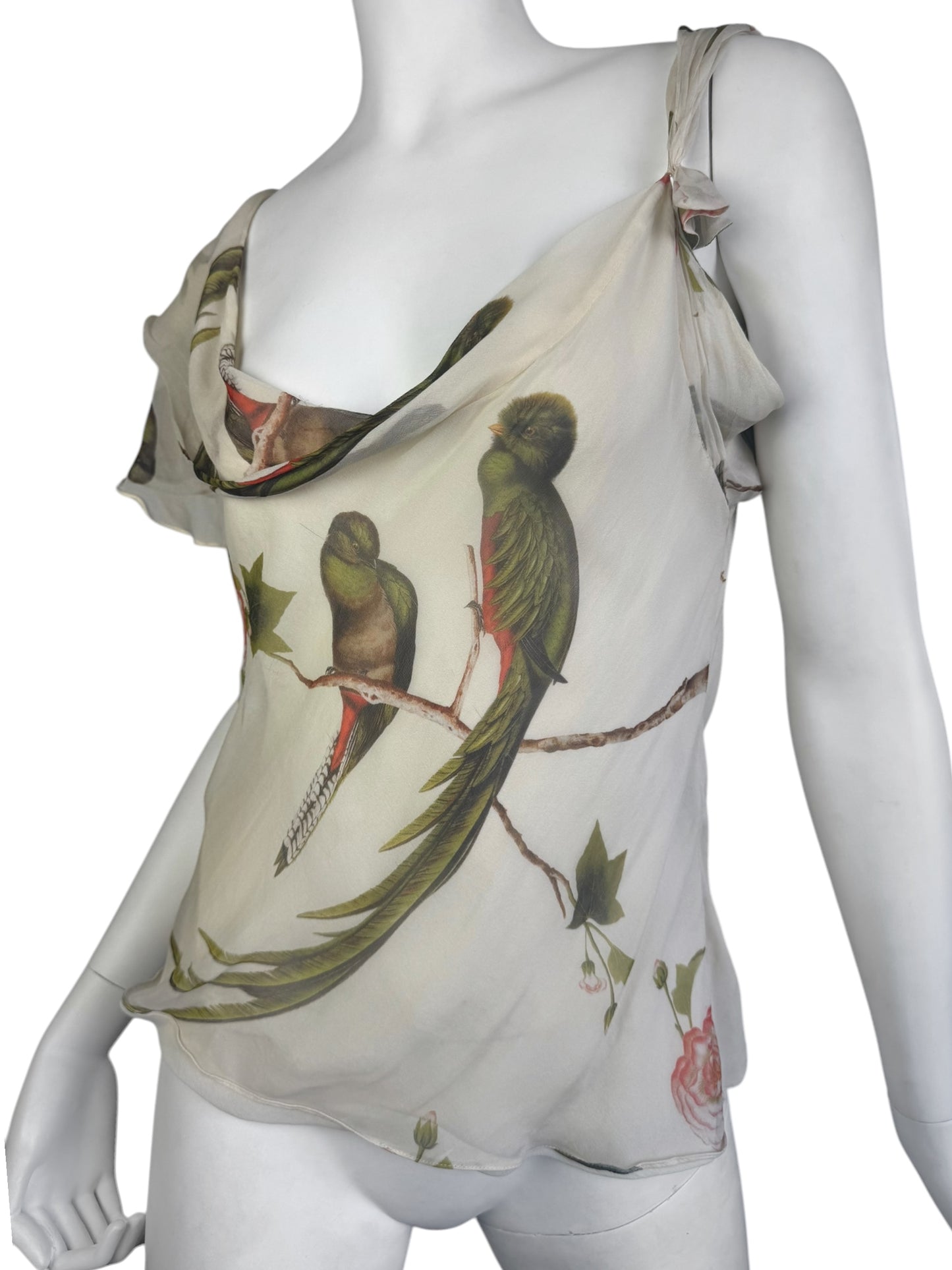 ALEXANDER MCQUEEN SS2007 «SARABANDE» BEIGE SILK BIRDS PRINT ASYMMETRICAL TANK TOP