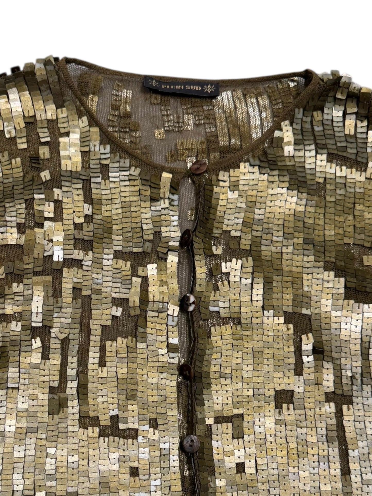 PLEIN SUD SS2001 KAKI TULLE SEQUINS EMBELLISHED CARDIGAN
