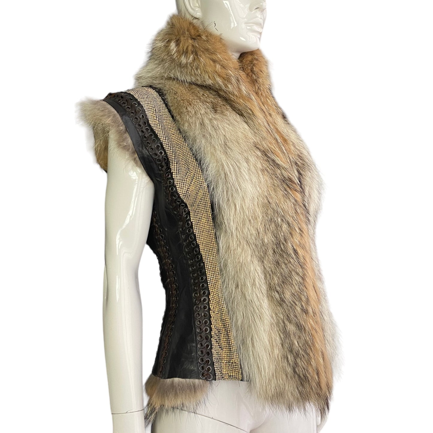 JEAN-PAUL GAULTIER FW2008 FOX FUR, LEATHER & RHINESTONES SLEEVELESS JACKET
