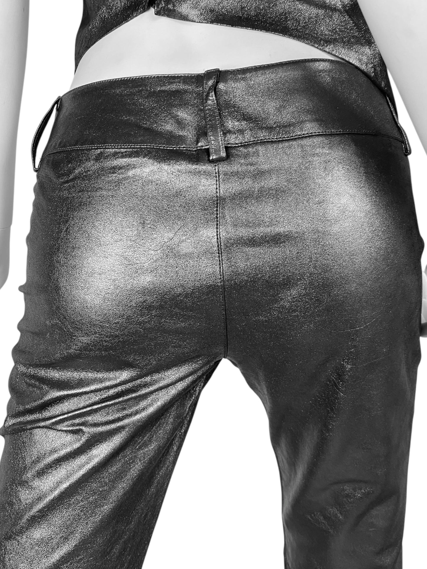 PLEIN SUD 1990s METALLIC GREY LEATHER PANTS