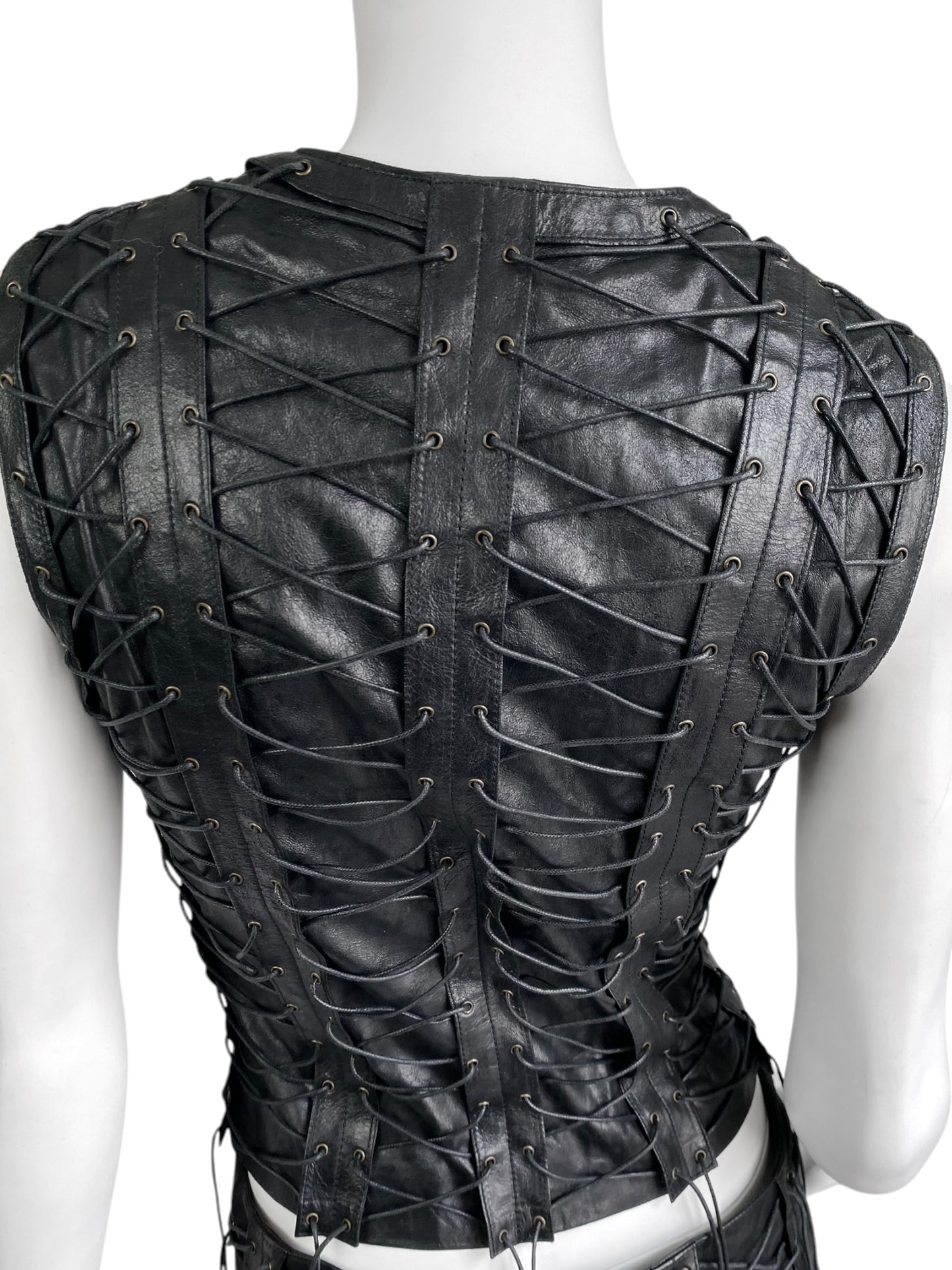 PLEIN SUD FW2002 BLACK LEATHER LACE-UP CAGE SLEEVELESS JACKET