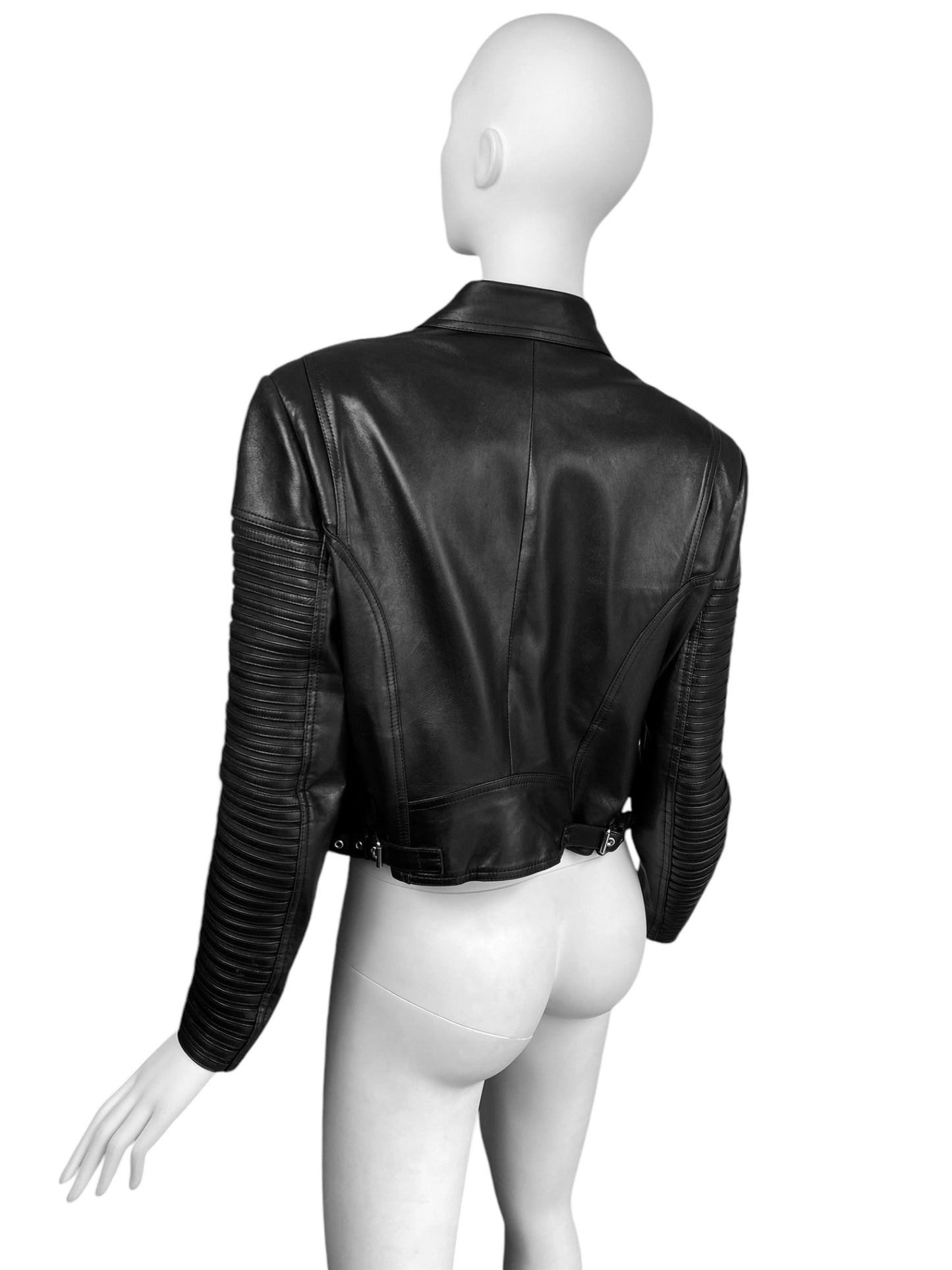JITROIS 1999 BLACK LEATHER & SILK HORIZONTAL STRAPS ZIP JACKET