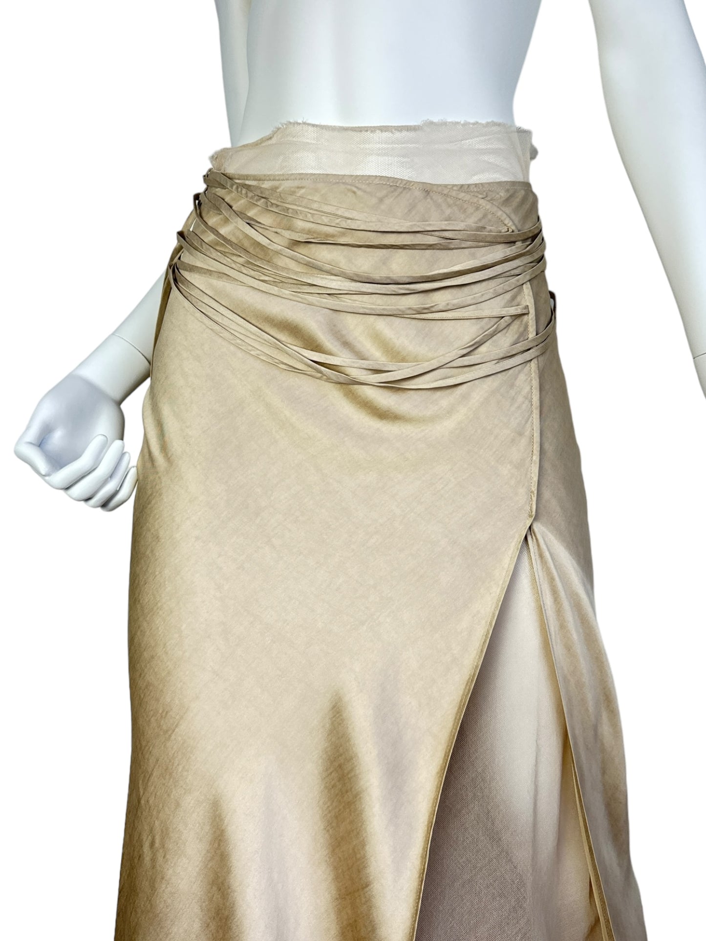 FAYÇAL AMOR 2000s BEIGE SATIN TULLE LACED MAXI SKIRT