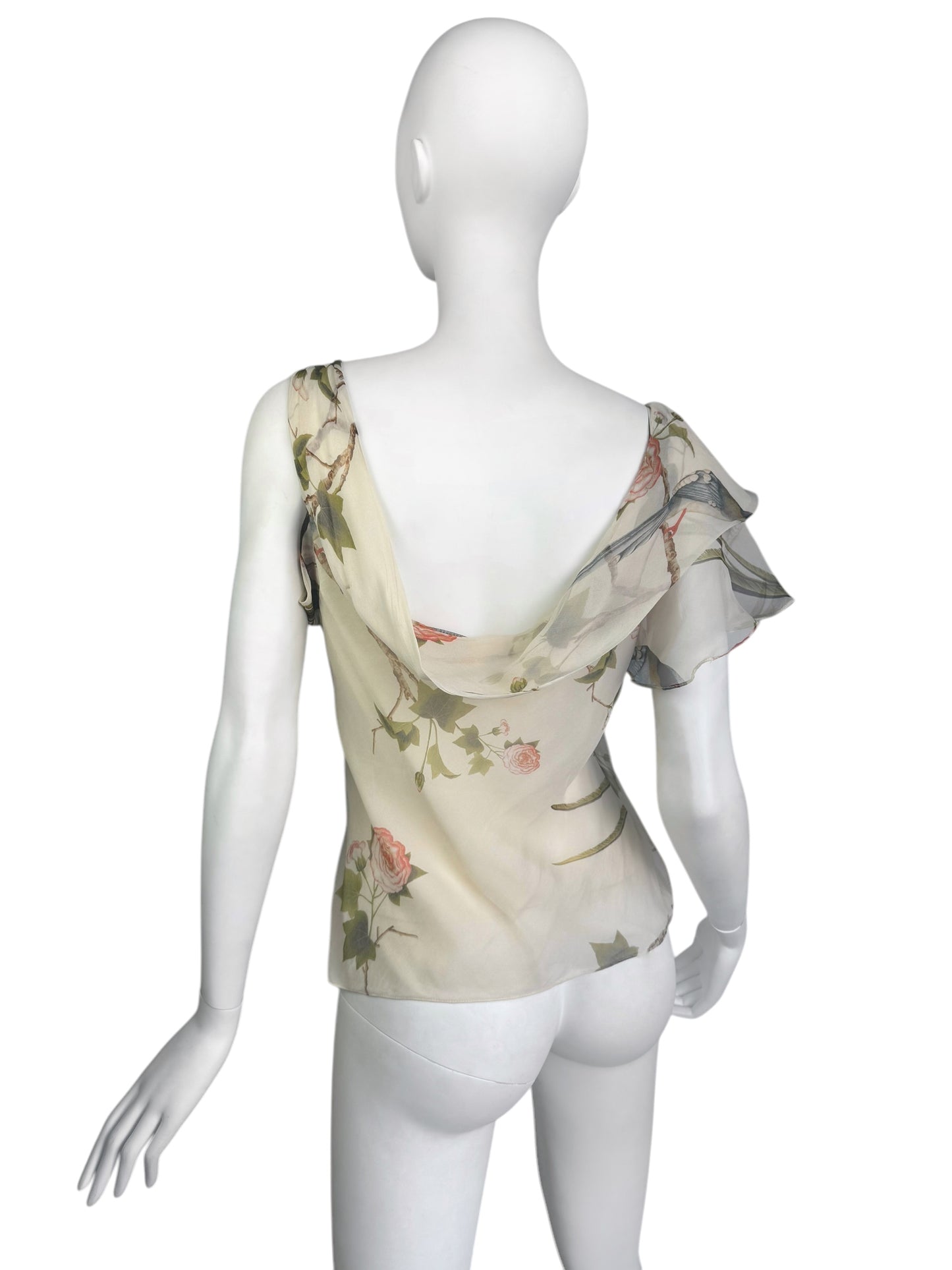 ALEXANDER MCQUEEN SS2007 «SARABANDE» BEIGE SILK BIRDS PRINT ASYMMETRICAL TANK TOP
