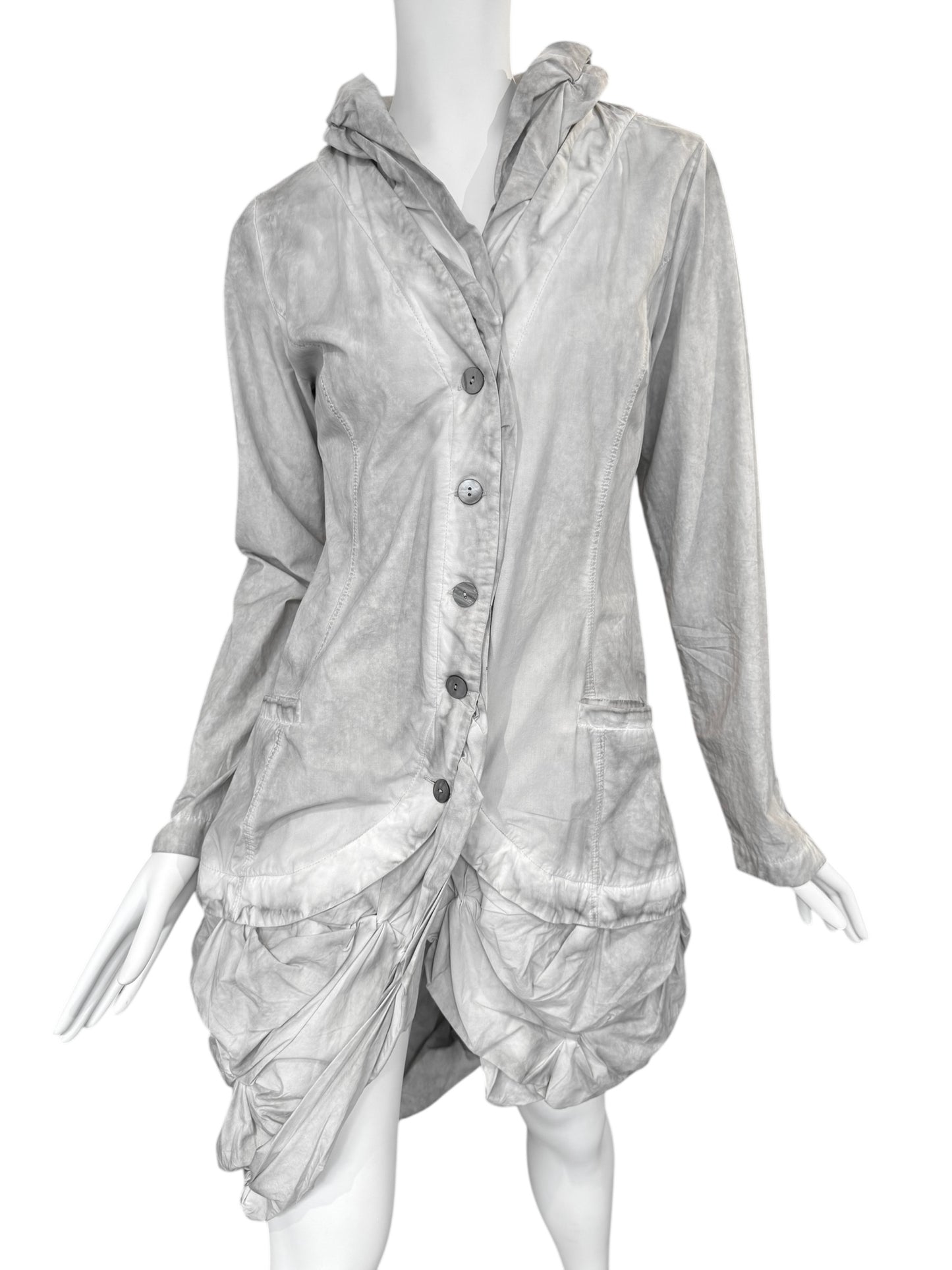 Y’S YOHJI YAMAMOTO 2000s GREY RUSHED DRAPED HEM LIGHTWEIGHT COAT