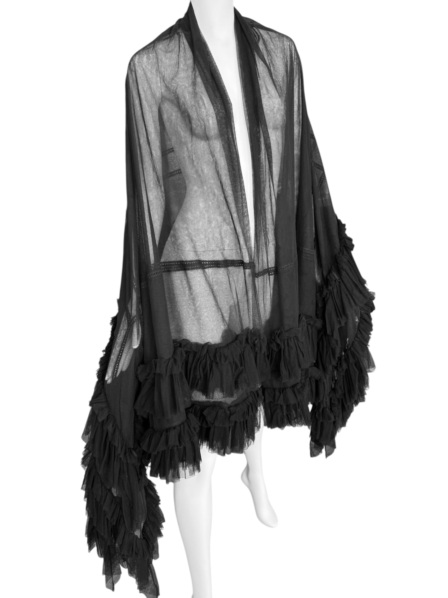 FAYÇAL AMOR FW1994 BLACK TULLE RUFFLES XXL SHAWL