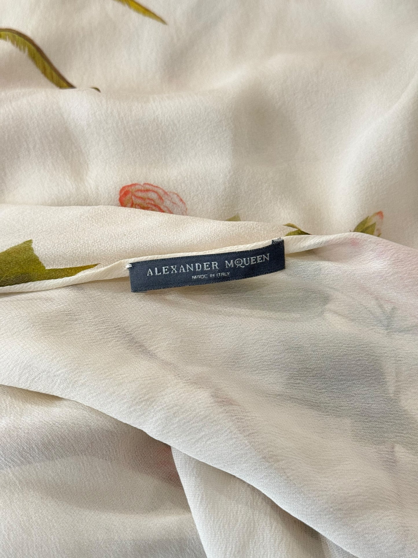 ALEXANDER MCQUEEN SS2007 «SARABANDE» BEIGE SILK BIRD PRINT COWL NECK COLD-SHOULDER TOP