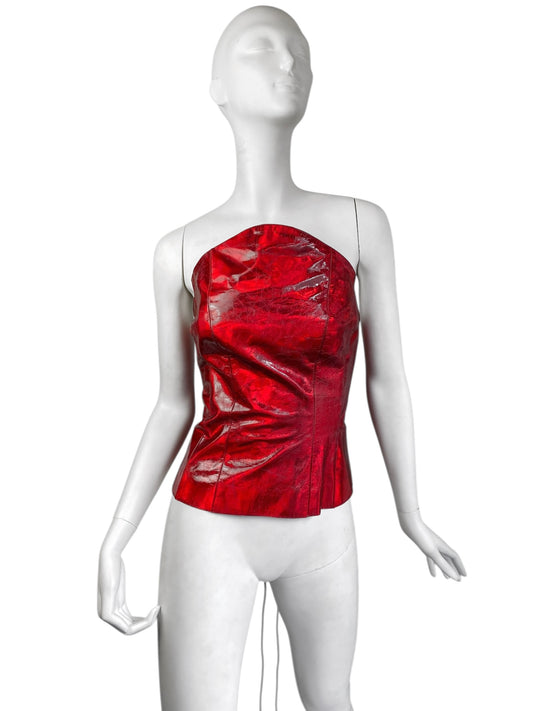PLEIN SUD 1990s METALLIC RED LEATHER CORSET BUSTIER TOP