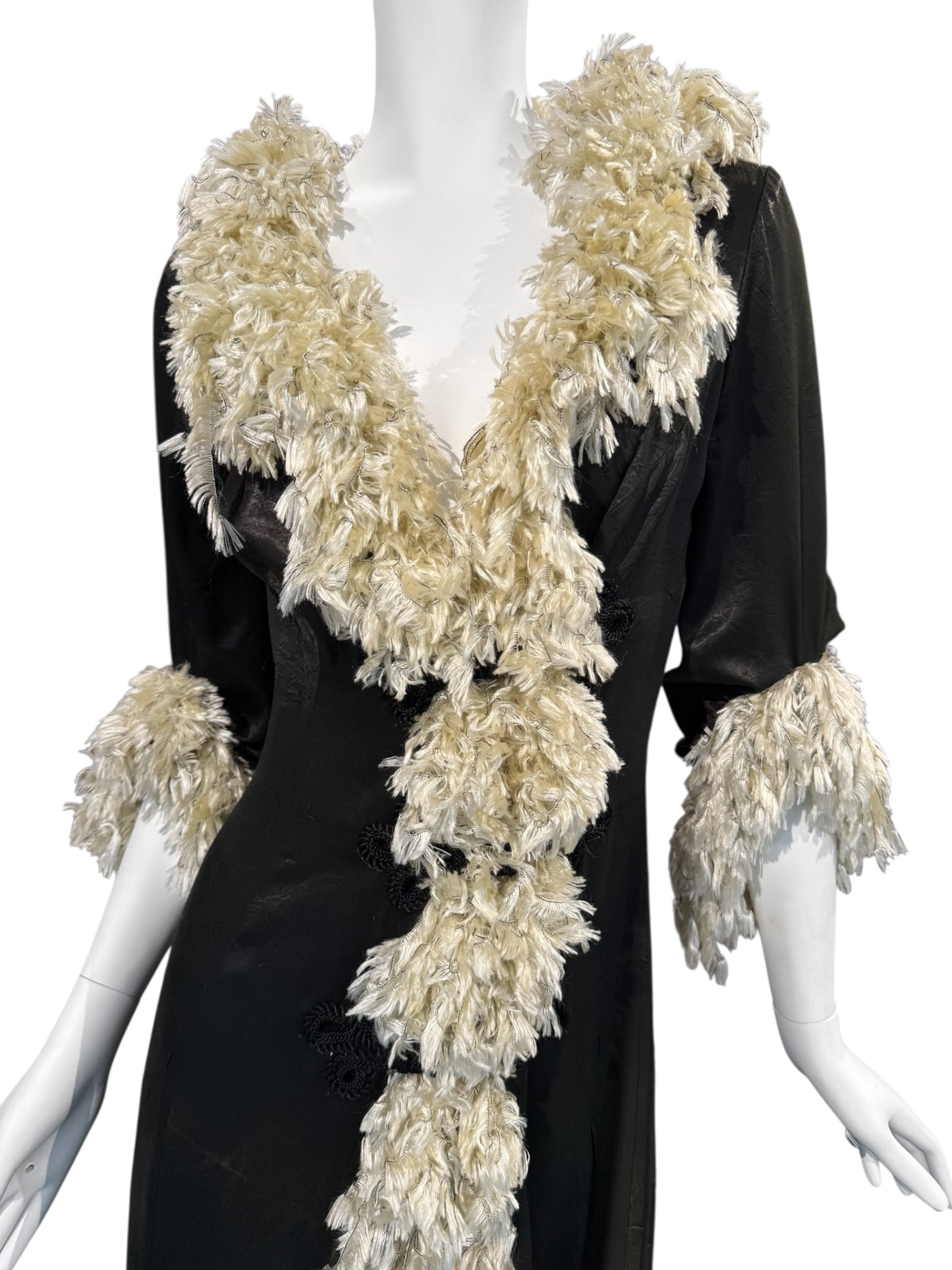 FAYÇAL AMOR FW1994 DARK GREEN FEATHERS COLLAR MAXI DRESS/COAT