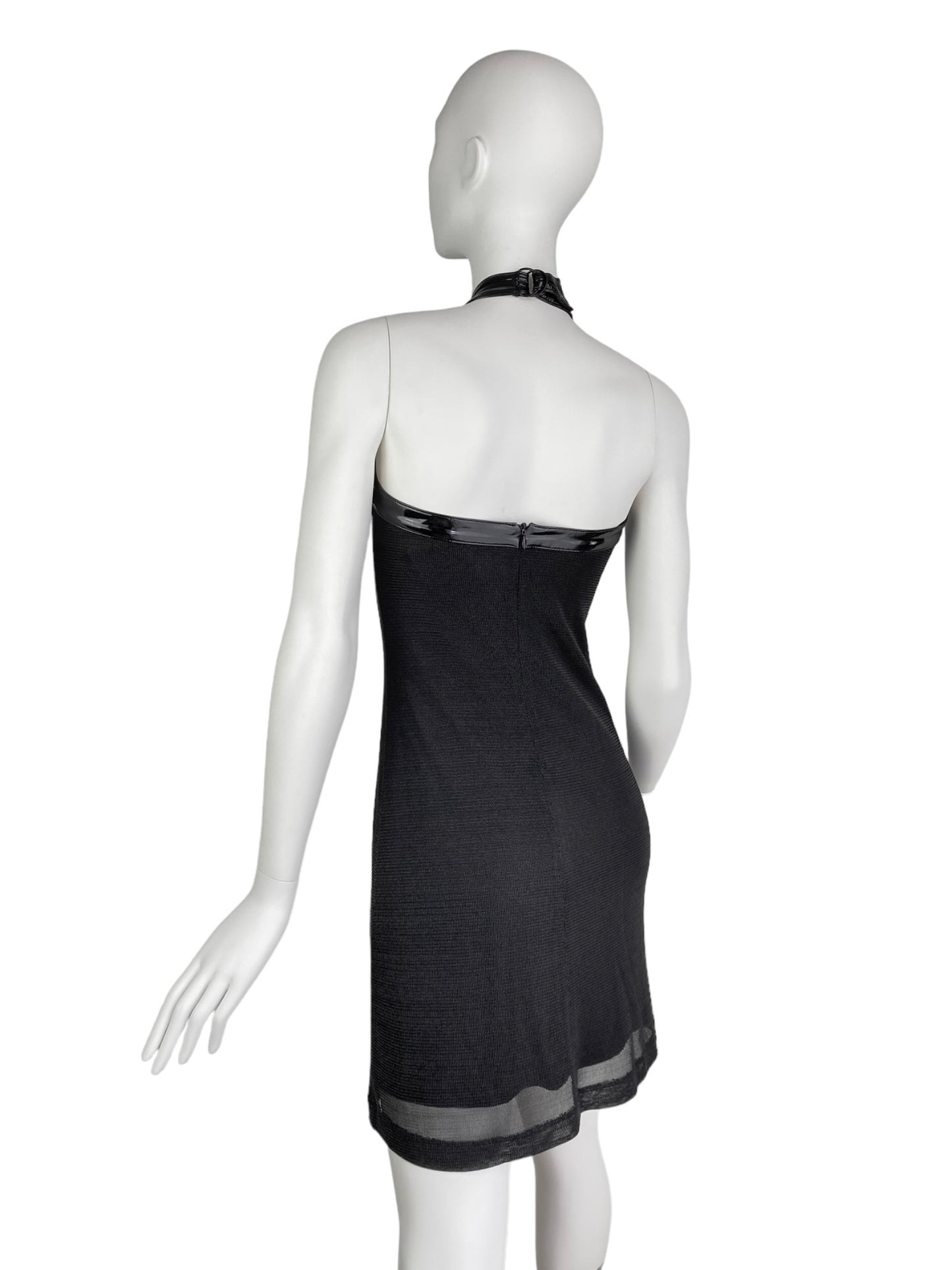 PLEIN SUD SS2004 BLACK METALLIC HALTERNECK MINI DRESS