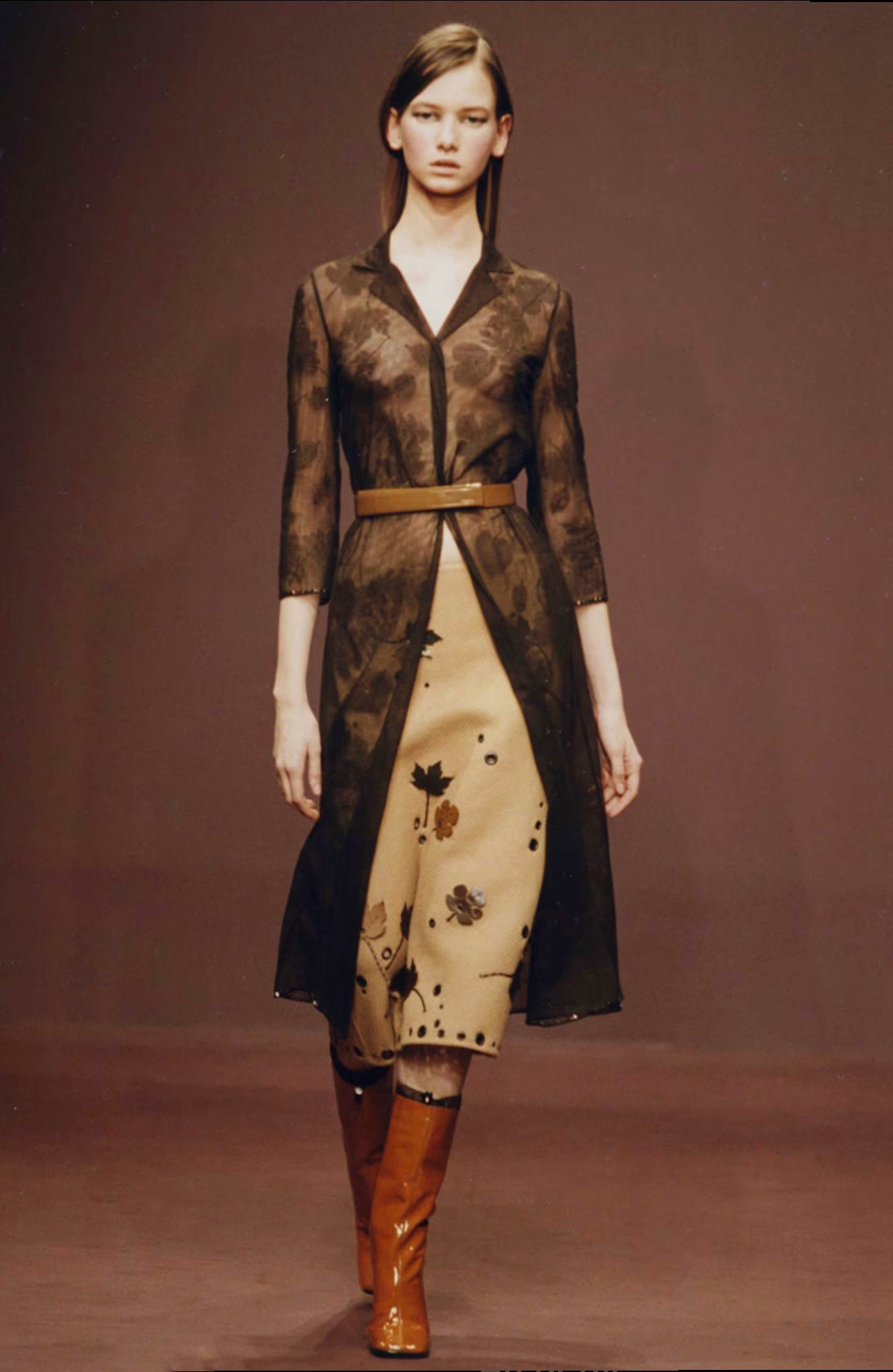PRADA FW1999 BEIGE WOOL LEAF APPLIQUÉ MIDI SKIRT