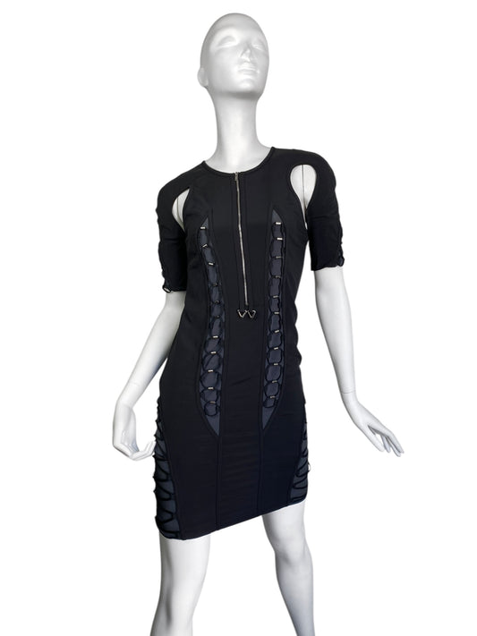 GUCCI SS2010 BY FRIDA GIANNINI BLACK & GREY SILK BLEND CUT-OUT LACE-UP FUTURISTIC MINI DRESS