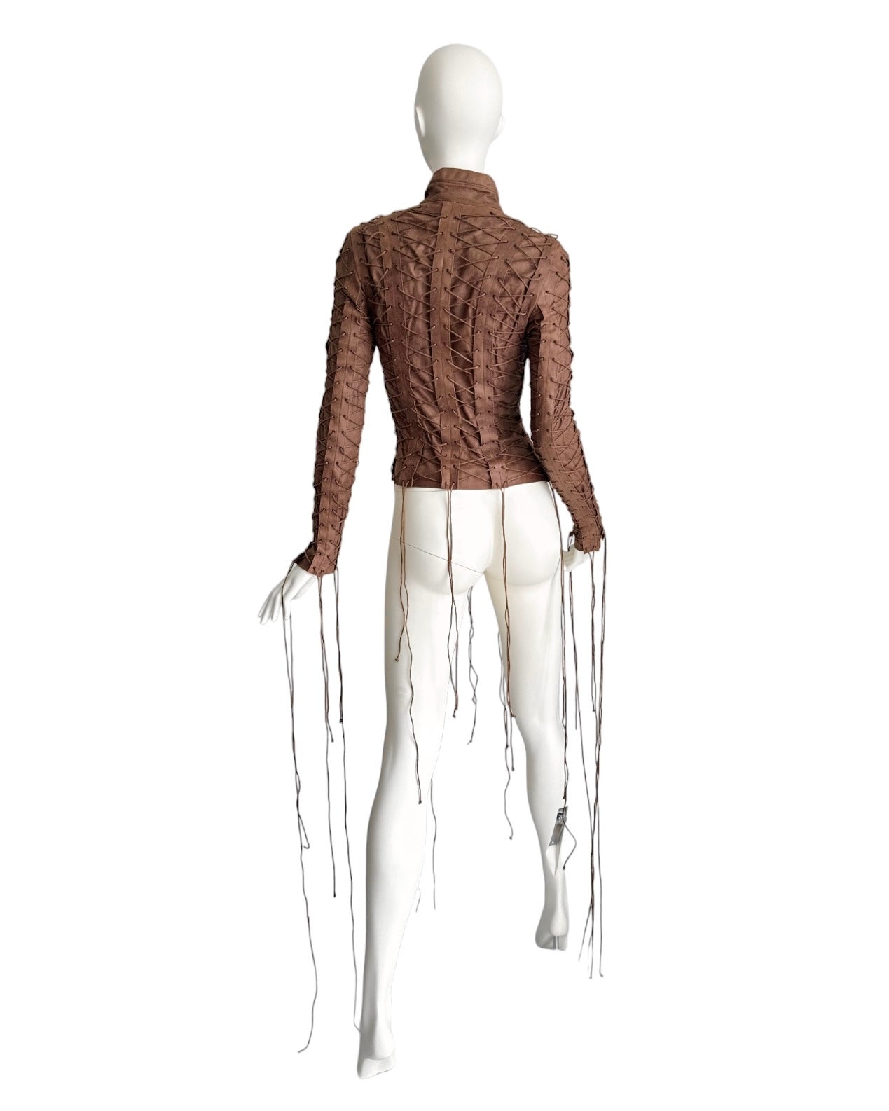 PLEIN SUD FW2002 BROWN LEATHER LACE-UP CAGE JACKET