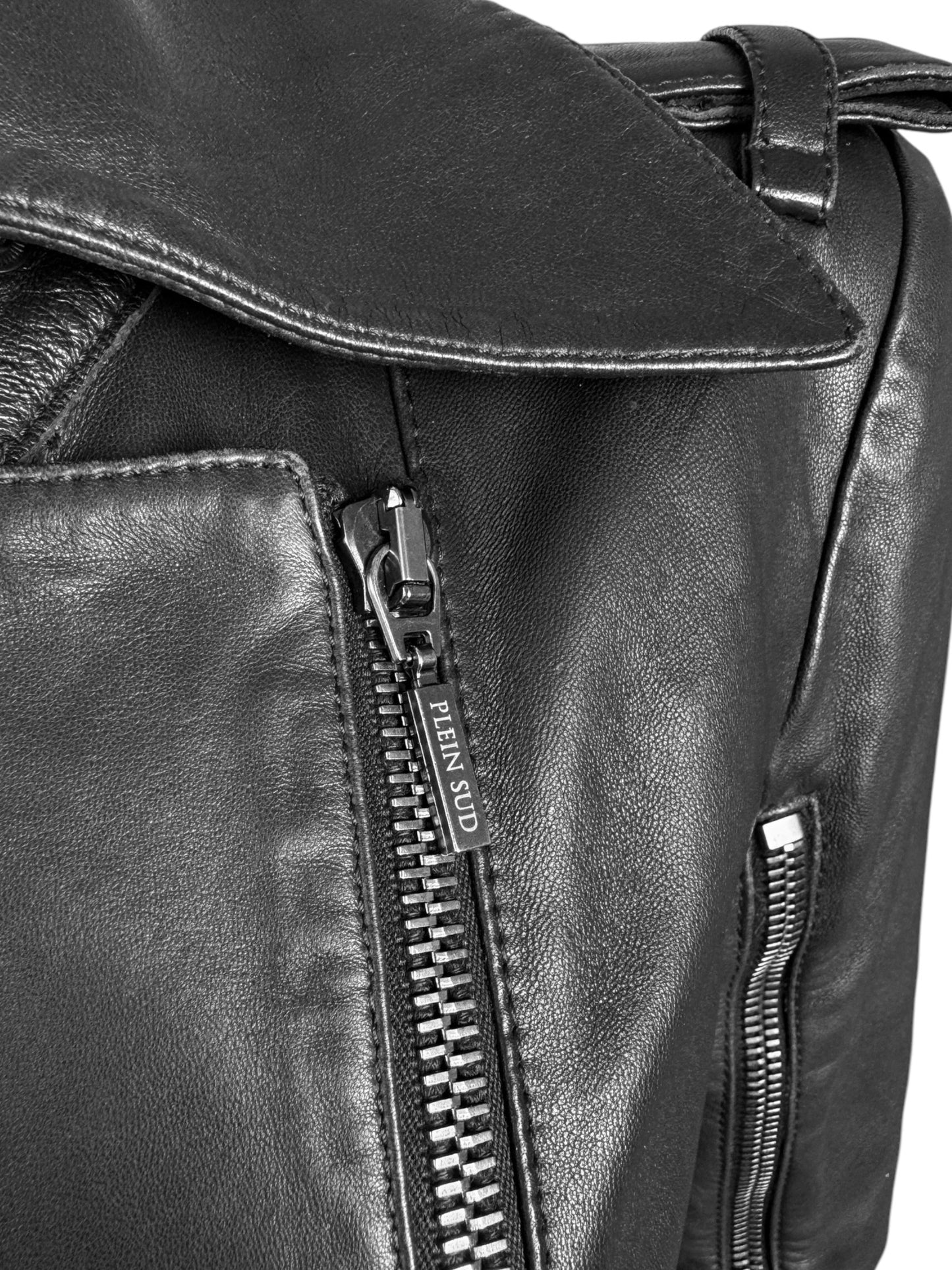 PLEIN SUD JEANS 2000s BLACK LEATHER ZIP SLEEVES COAT